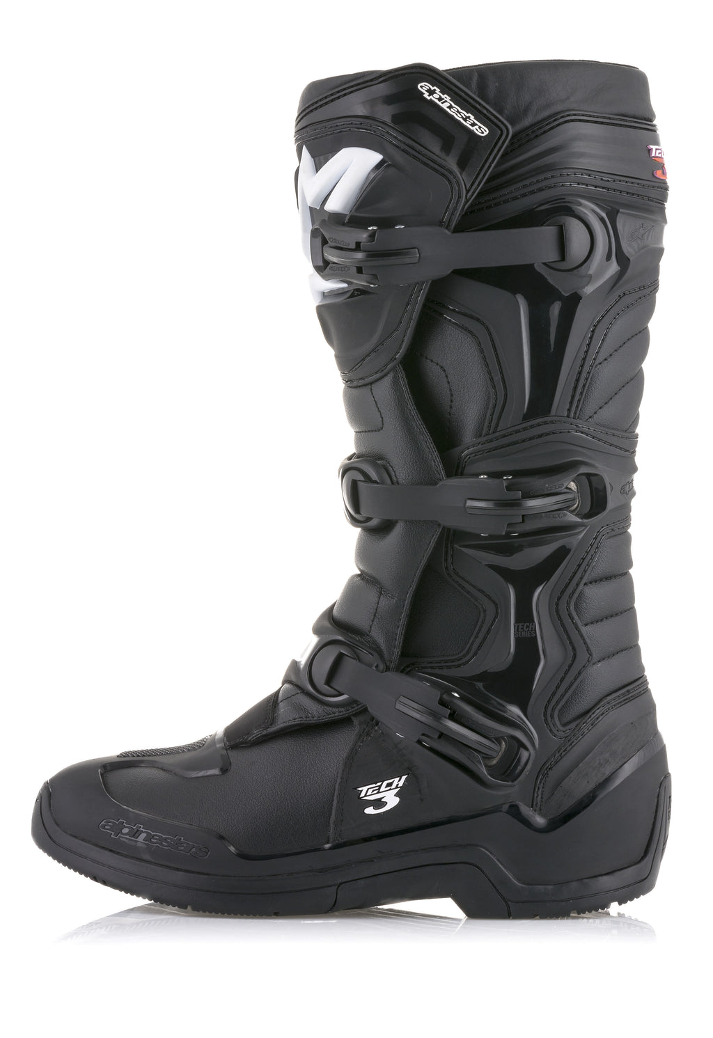 Alpinestars Tech 3 laarzen, zwarte motorcrosslaarzen, zijprofiel met drievoudig gespsluitingssysteem, TPU-beschermingspanelen en duurzaam bovenwerk van microvezel voor off-road prestaties