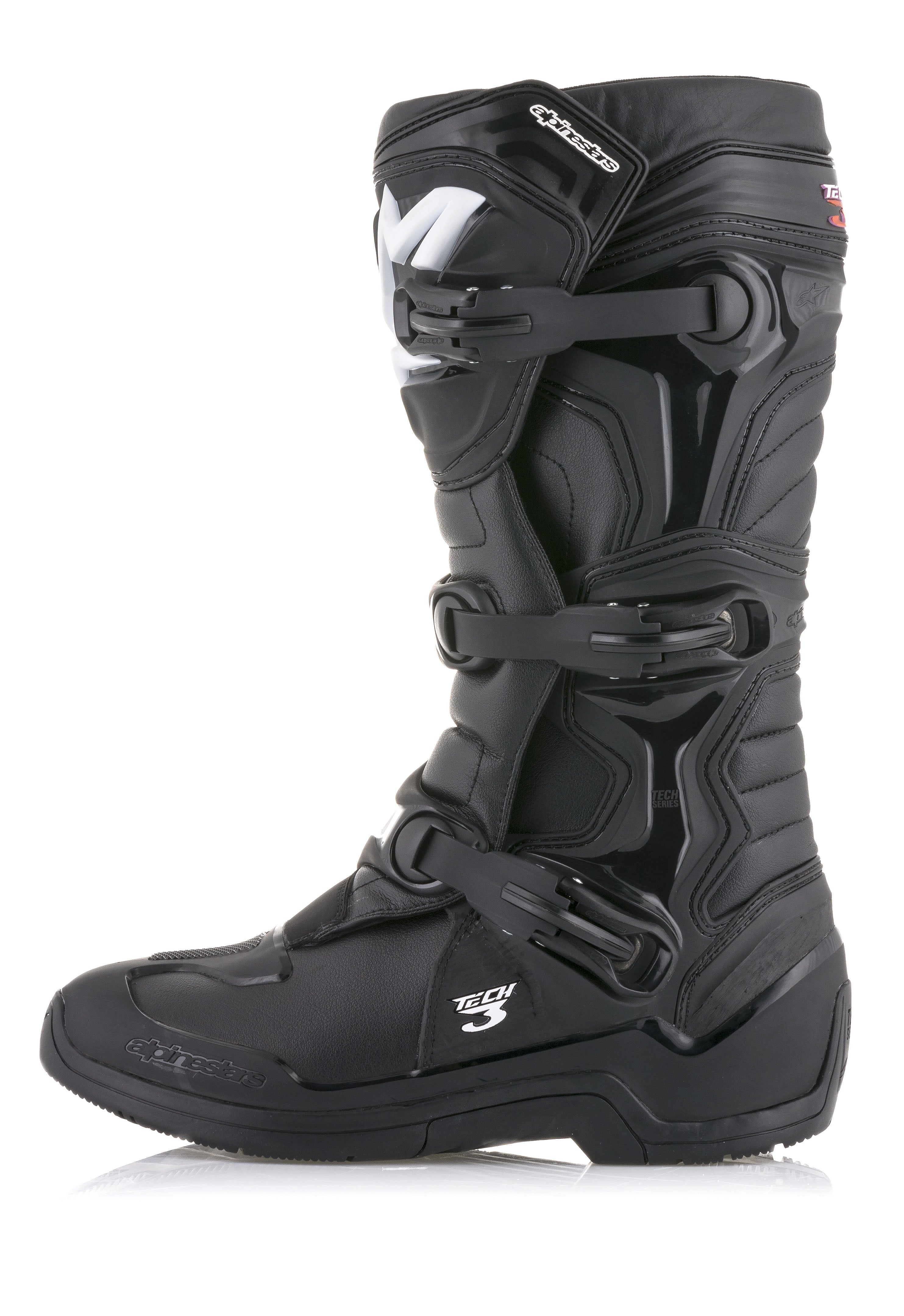 Alpinestars Tech 3 laarzen, zwarte motorcrosslaarzen, zijprofiel met drievoudig gespsluitingssysteem, TPU-beschermingspanelen en duurzaam bovenwerk van microvezel voor off-road prestaties