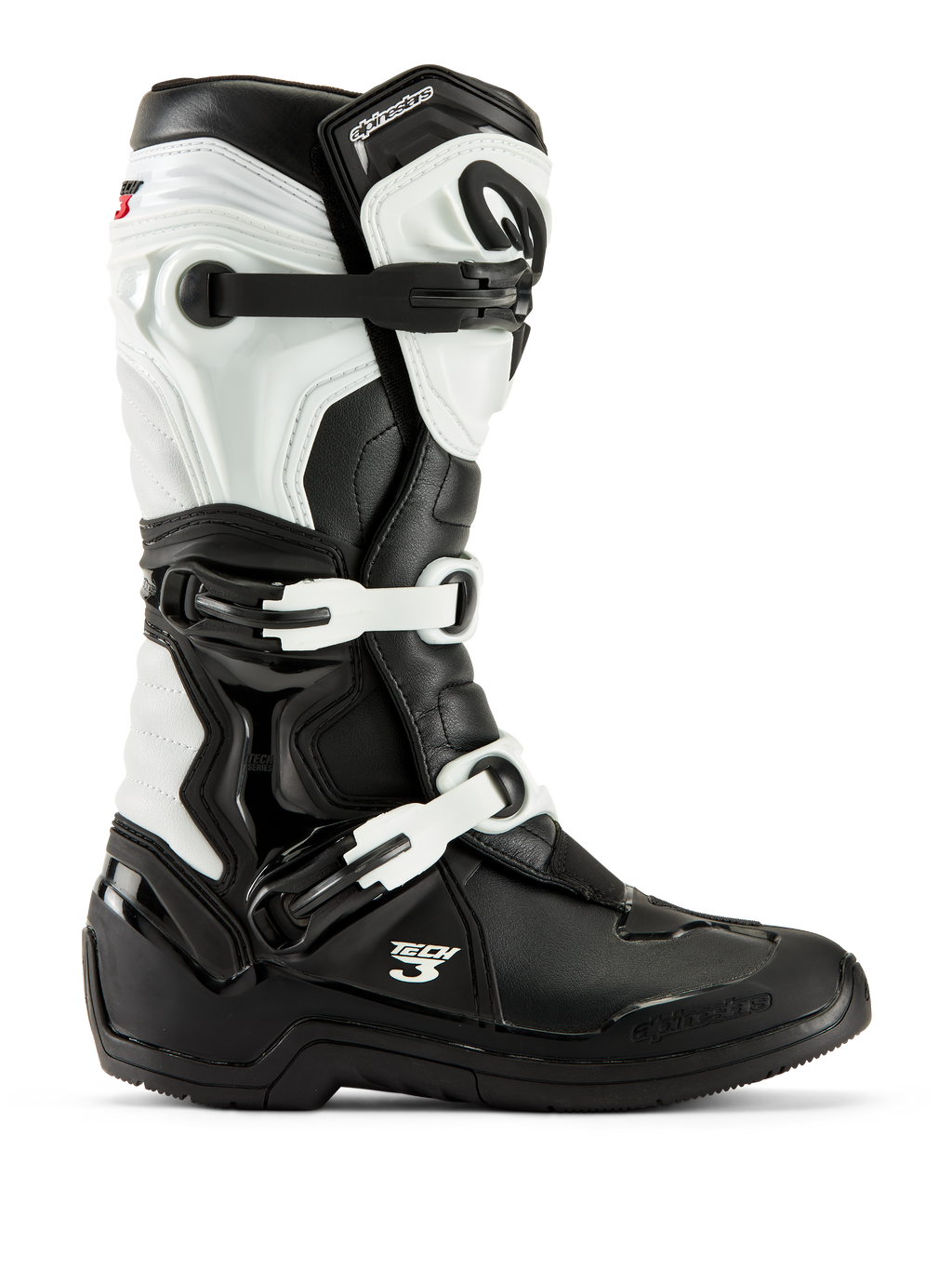 Alpinestars Tech 3 laarzen, motorcrosslaarzen, zwart en wit, zijaanzicht met een sluitingssysteem met drie gespen, beschermende TPU-panelen en een duurzame synthetische constructie voor off-road racen