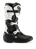 Alpinestars Tech 3 laarzen, motorcrosslaarzen, zwart en wit, zijaanzicht met een sluitingssysteem met drie gespen, beschermende TPU-panelen en een duurzame synthetische constructie voor off-road racen