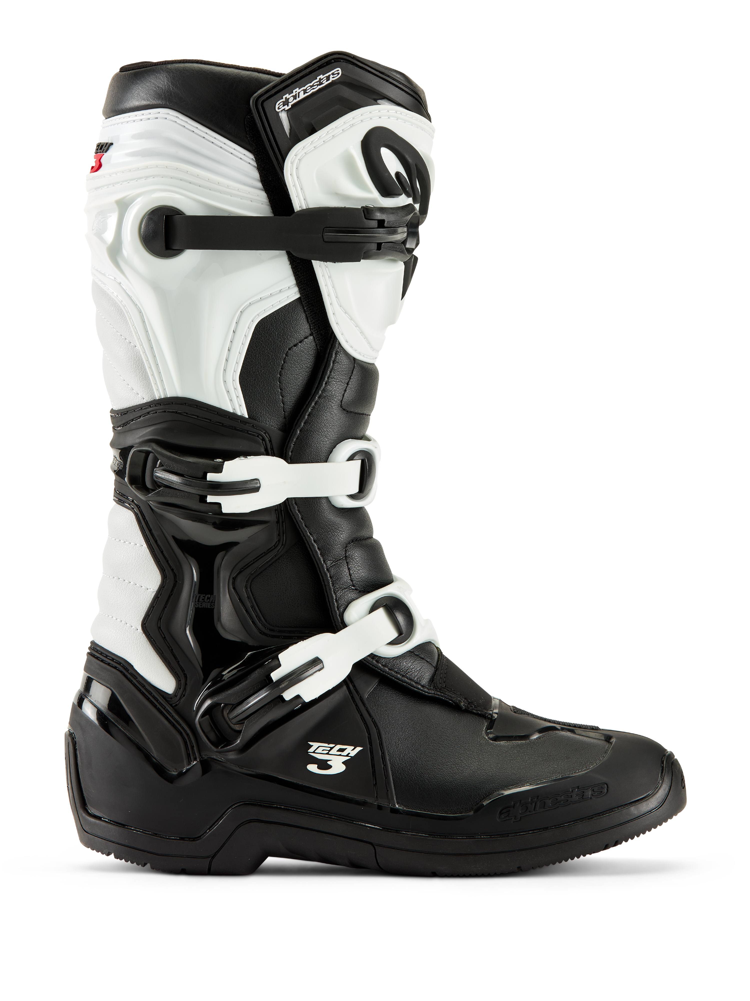Alpinestars Tech 3 laarzen, motorcrosslaarzen, zwart en wit, zijaanzicht met een sluitingssysteem met drie gespen, beschermende TPU-panelen en een duurzame synthetische constructie voor off-road racen