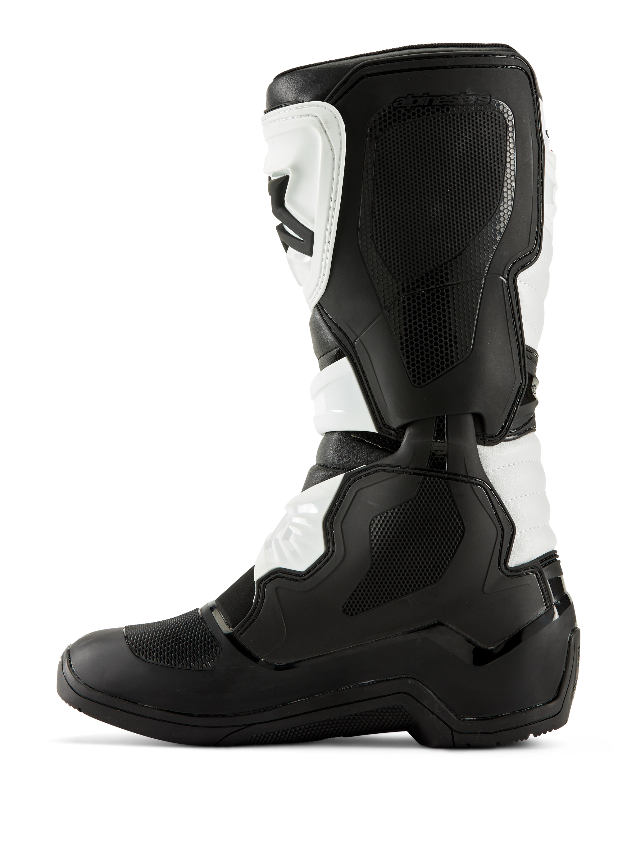 Alpinestars Tech 3 laarzen, motorcrosslaarzen, zwart en wit, mediaal zijprofiel voorzien van getextureerde grippanelen, TPU-protectoren en een duurzame microvezelconstructie, professionele off-road laarzen.
