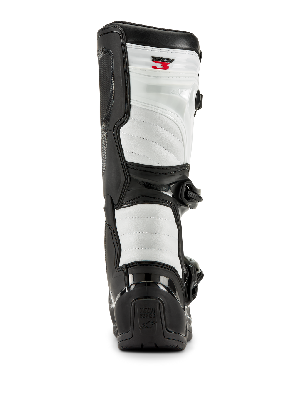 Alpinestars Tech 3 laarzen in zwart en wit, achteraanzicht met witte gewatteerde panelen, zwarte TPU-hielbeschermer met Tech Series-logo en rode Tech 3-branding aan de bovenkant, professionele motorcrosslaarzen.