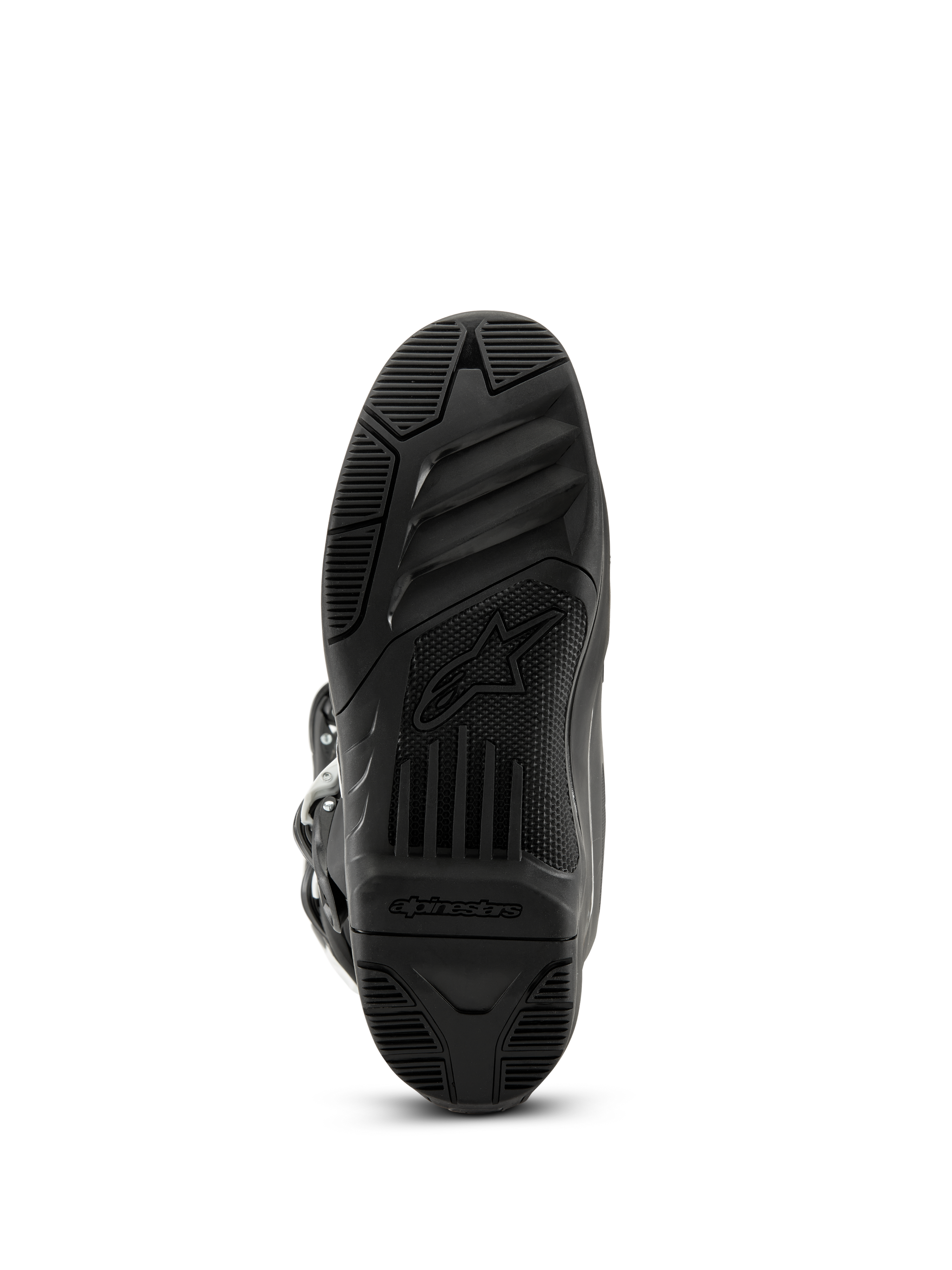 Alpinestars Tech 3 laarzen, motorcrosslaarzen, zwart, onderaanzicht van de rubberen zool met textuur voorzien van het Alpinestars-logo en woordmerk, high-grip profielontwerp voor off-road prestaties
