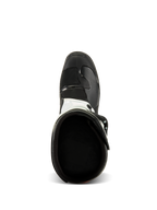 Alpinestars Tech 3 laarzen, bovenaanzicht, zwart en wit, met de textiele binnenvoering en versterkte zwarte teenbox, beschermend motorcross en off-road schoeisel