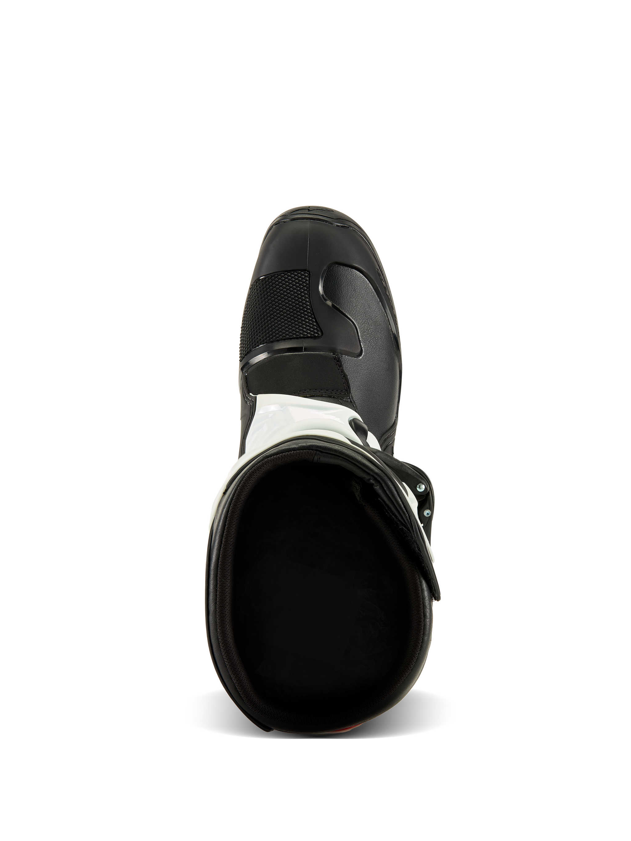 Alpinestars Tech 3 laarzen, bovenaanzicht, zwart en wit, met de textiele binnenvoering en versterkte zwarte teenbox, beschermend motorcross en off-road schoeisel