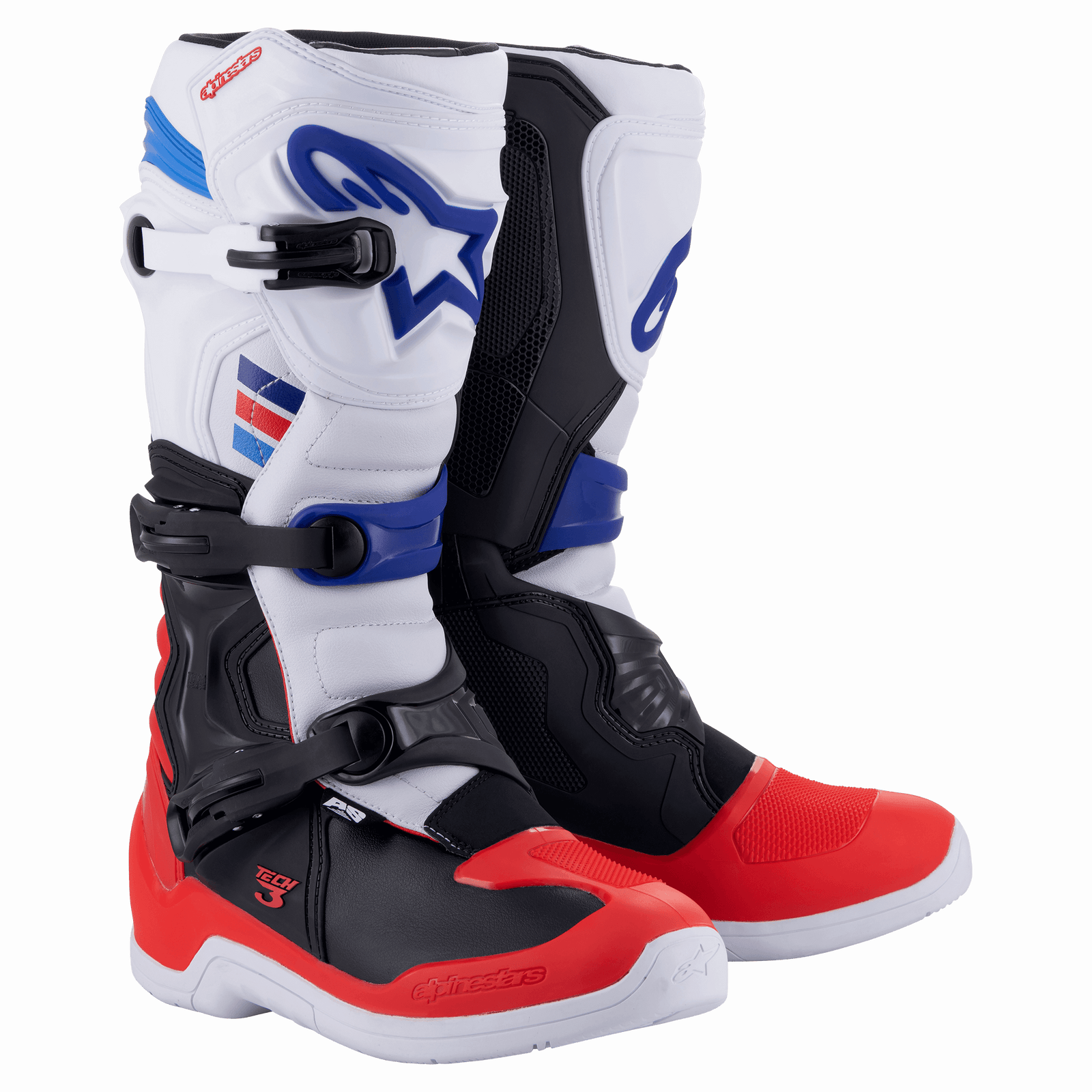 Alpinestars Tech 3 laarzen, motocross- en off-roadlaarzen, wit, felrood en donkerblauw, voorzien van een drievoudige gespsluiting, TPU scheen- en hielplaten, duurzame microvezelconstructie met witte zolen en blauwe logo-accenten