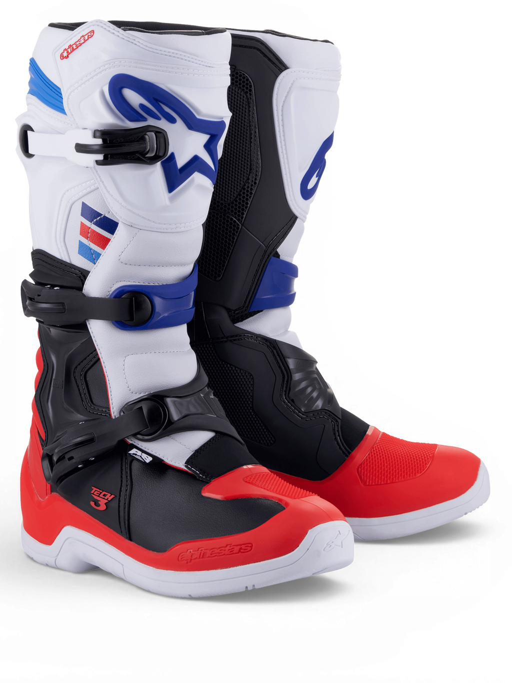 Alpinestars Tech 3 laarzen, witte motocrosslaarzen met felrode en donkerblauwe accenten, paar met drievoudige gespsluiting
