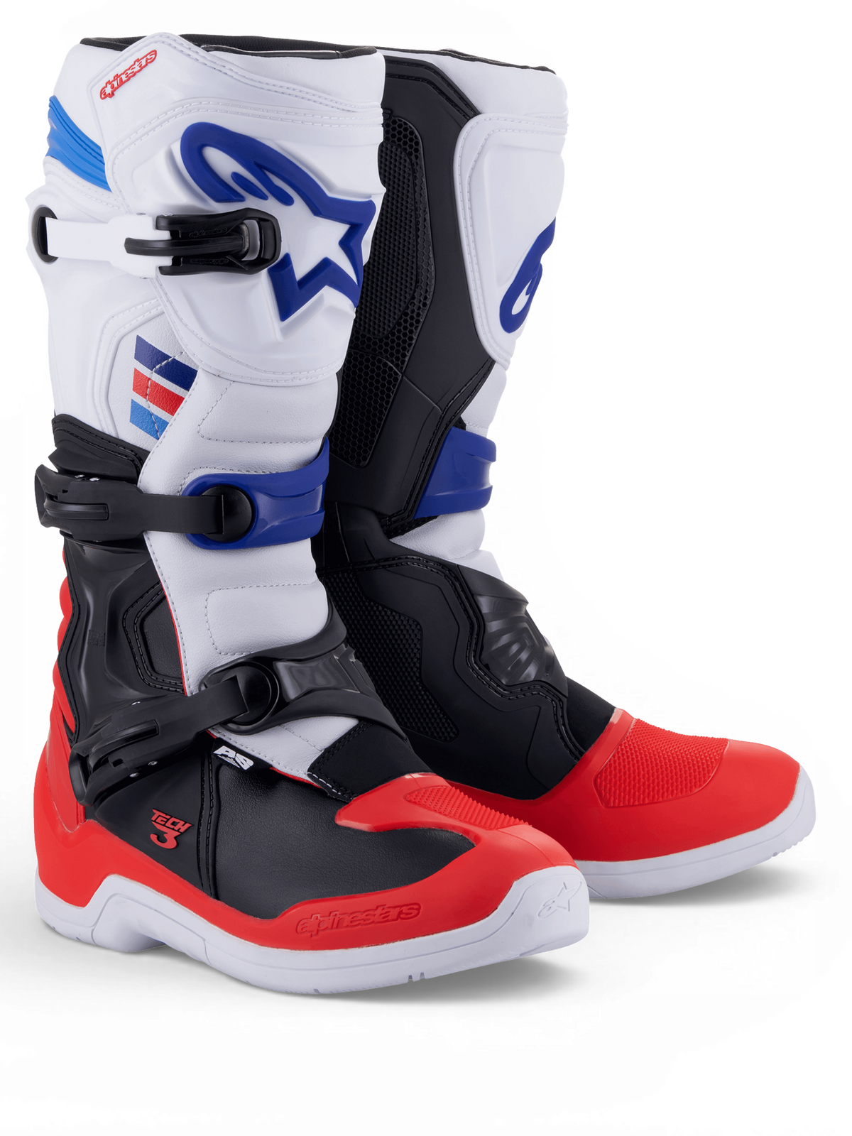 Alpinestars Tech 3 laarzen, witte motocrosslaarzen met felrode en donkerblauwe accenten, paar met drievoudige gespsluiting