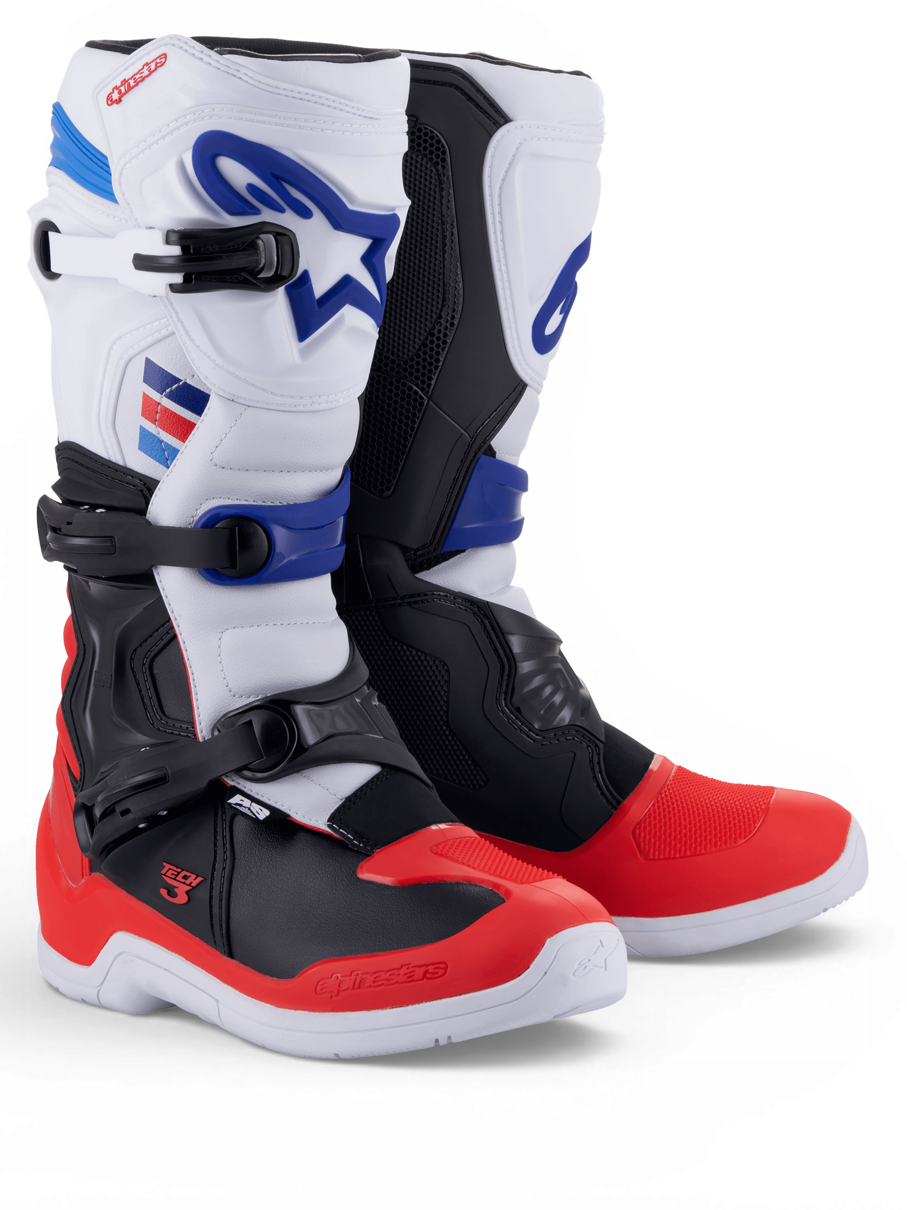 Alpinestars Tech 3 laarzen, witte motocrosslaarzen met felrode en donkerblauwe accenten, paar met drievoudige gespsluiting