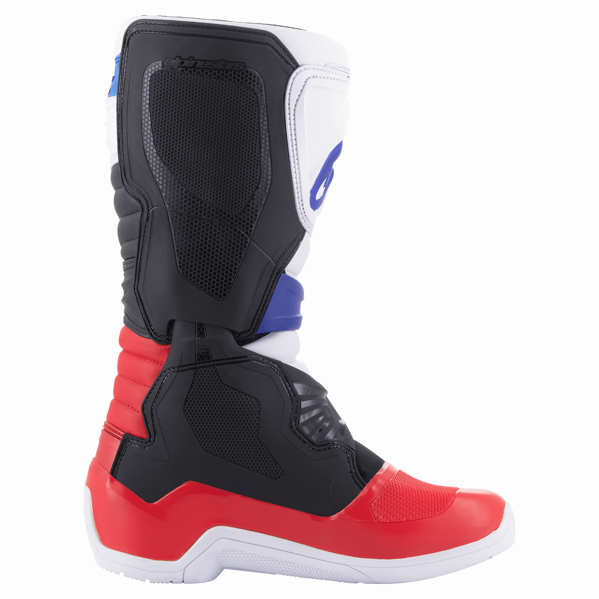 Alpinestars Tech 3 laarzen, motorcrosslaarzen, wit, helderrood en donkerblauw, zijaanzicht met focus op de TPU-scheenplaat en beschermende constructie, duurzaam synthetisch materiaal voor off-road rijden
