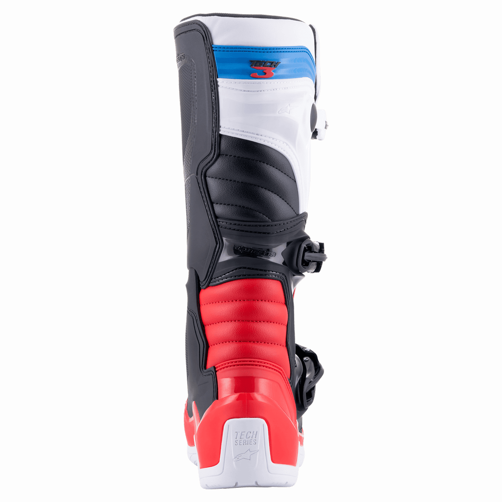 Alpinestars Tech 3 laarzen, motorcrosslaarzen, wit, felrood en donkerblauw, achteraanzicht met rode accordeon-flexzones, wit bovenwerk met blauwe logoband en beschermende hielkap