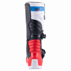 Alpinestars Tech 3 laarzen, motorcrosslaarzen, wit, felrood en donkerblauw, achteraanzicht met rode accordeon-flexzones, wit bovenwerk met blauwe logoband en beschermende hielkap