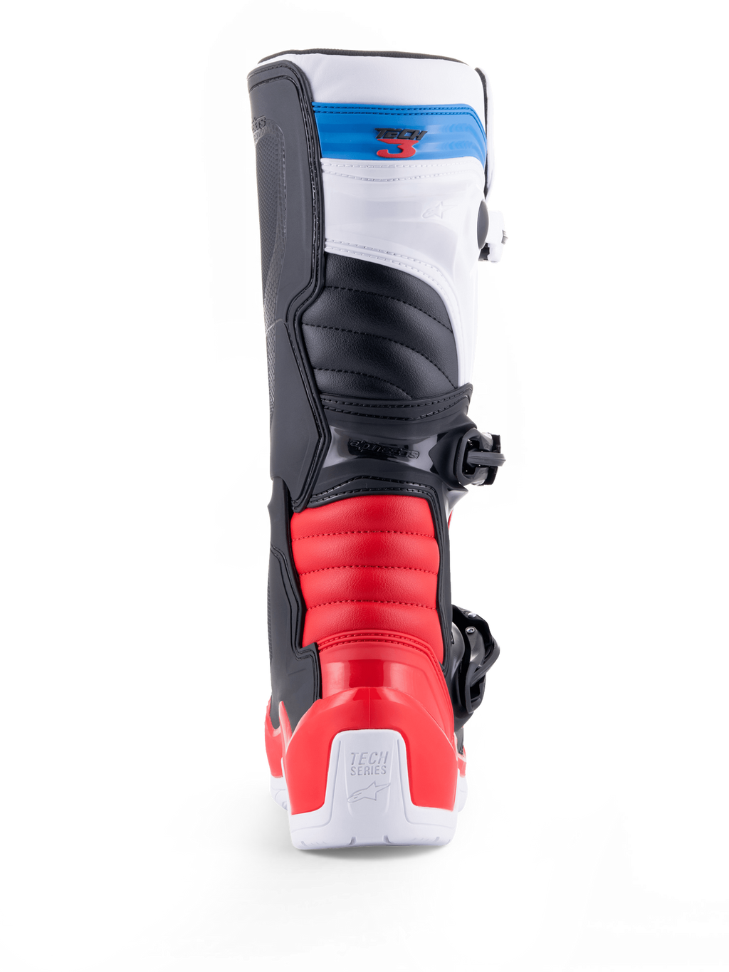 Alpinestars Tech 3 motorlaars, motocross- en off-roadlaars van achteren gezien, wit met felrode en donkerblauwe accenten, beschermende TPU-constructie en gespsluiting
