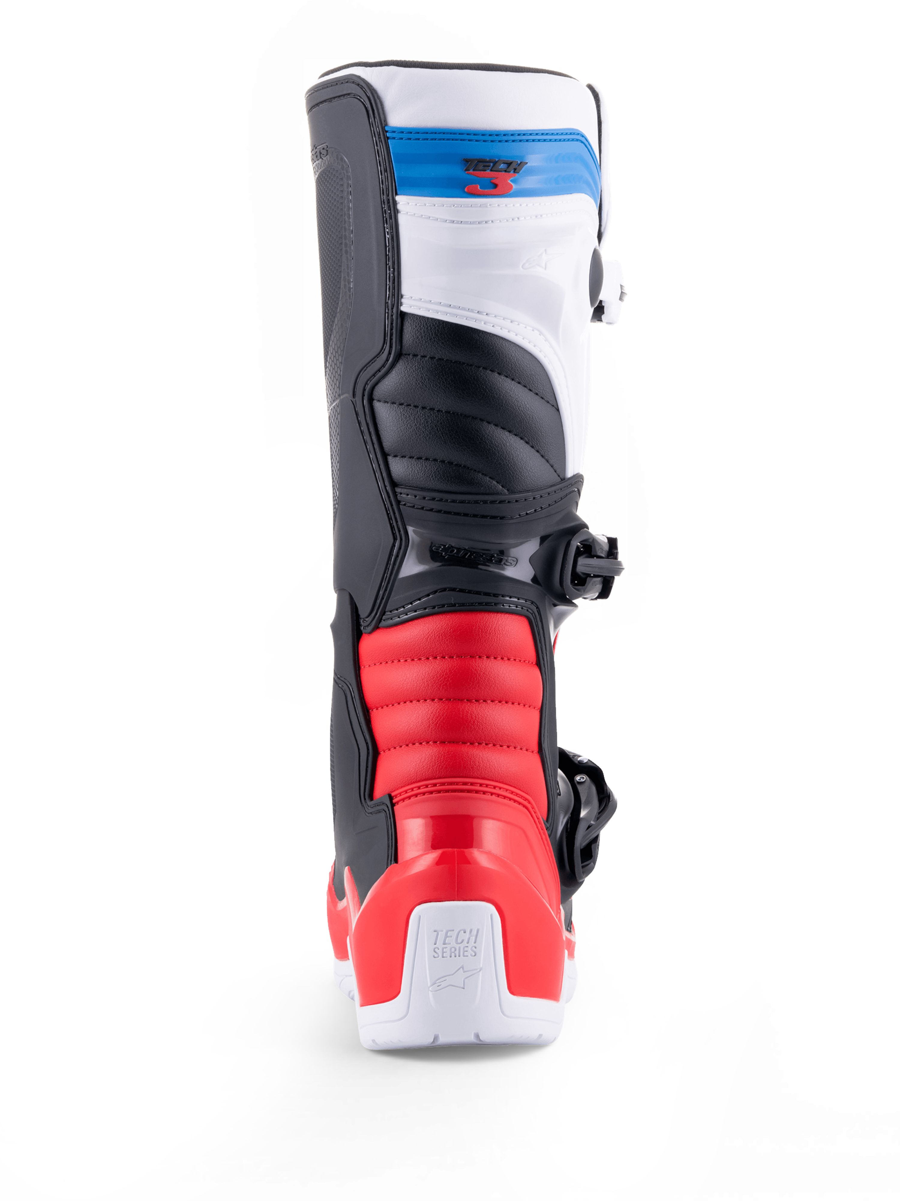 Alpinestars Tech 3 motorlaars, motocross- en off-roadlaars van achteren gezien, wit met felrode en donkerblauwe accenten, beschermende TPU-constructie en gespsluiting