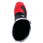 Alpinestars Tech 3 laarzen, motorcrosslaarzen, wit, helderrood en donkerblauw, bovenaanzicht met zicht in de opening van de laars, voorzien van een rode neus en zwarte binnenvoering, lichtgewicht microvezel- en TPU-constructie voor off-road racen
