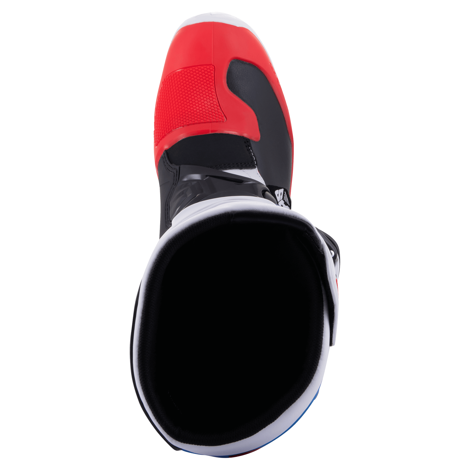 Alpinestars Tech 3 laarzen, motorcrosslaarzen, wit, helderrood en donkerblauw, bovenaanzicht met zicht in de opening van de laars, voorzien van een rode neus en zwarte binnenvoering, lichtgewicht microvezel- en TPU-constructie voor off-road racen