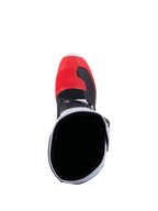 Alpinestars Tech 3 laarzen, witte en felrode motocross- en off-roadlaars, achteraanzicht met TPU-bescherming en gespsluiting