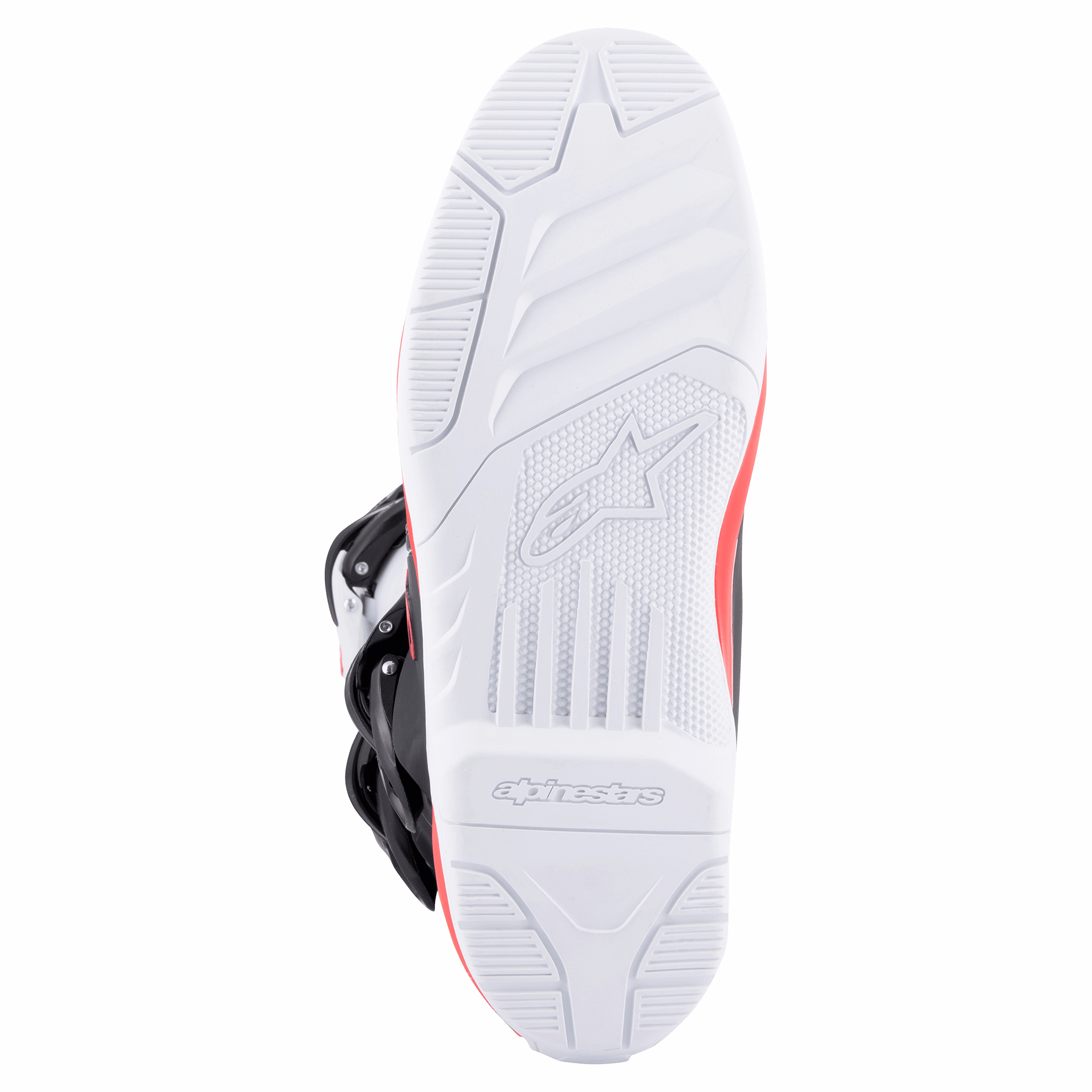Alpinestars Tech 3 laarzen, wit felrood donkerblauw, close-up van de witte rubberen buitenzool met hoge grip, geprofileerd loopvlak en verdiept logo, ontworpen voor motorcross- en off-roadprestaties