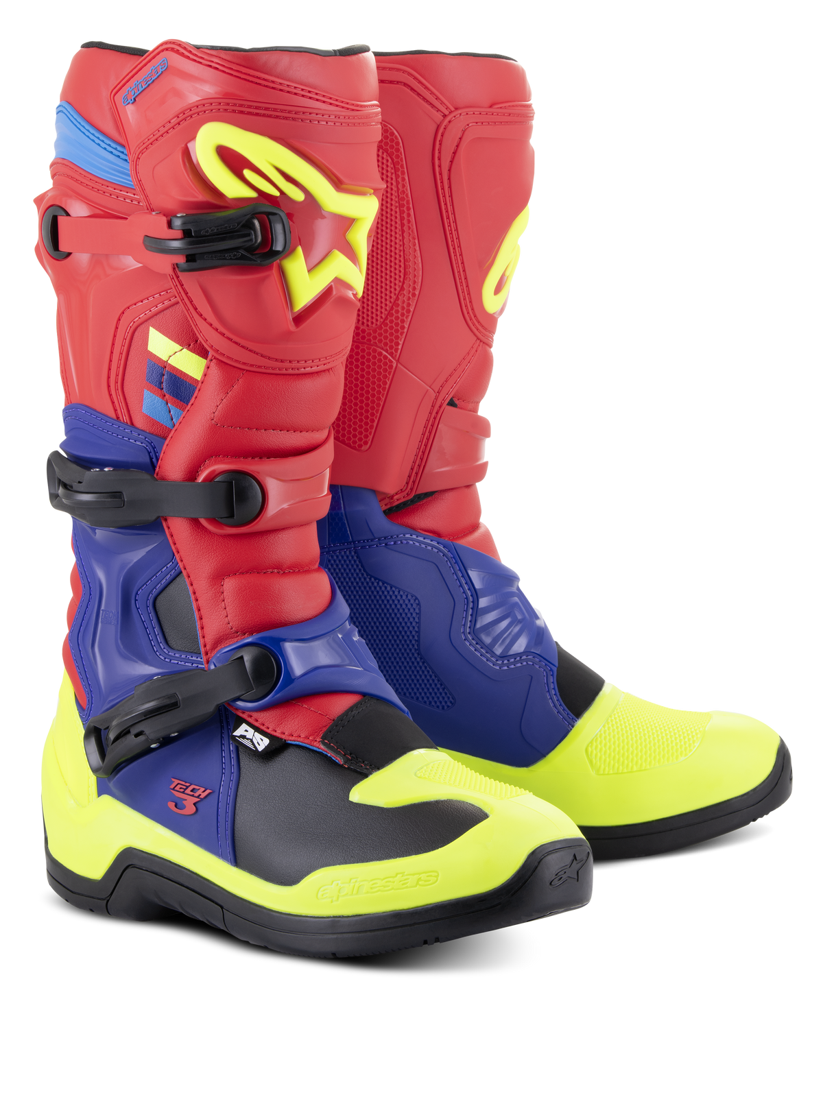Alpinestars Tech 3 laarzen, motorcrosslaarzen, helderrood, donkerblauw en fluogeel, voorzien van drie polymeer gespen, gecontoureerde TPU-beschermplaten en een zwarte buitenzool met veel grip, ontworpen voor motorcross- en off-roadprestaties.