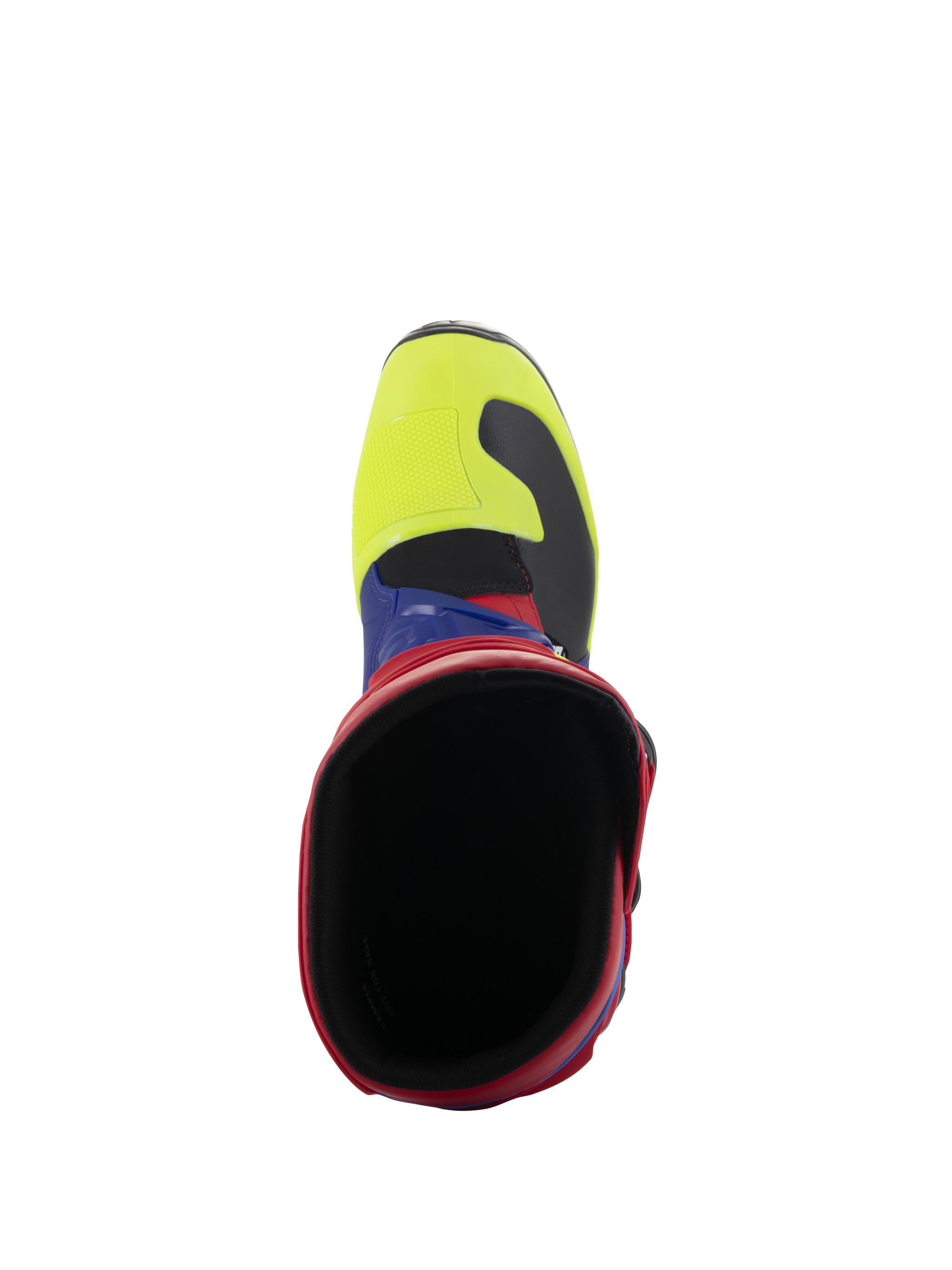 Alpinestars Tech 3 Boots, Motocross Boots, Bright Red Dark Blue and Yellow Fluo, top-down view looking into the boot opening, featuring a yellow fluo toe box and red collar, durable off-road protective footwear