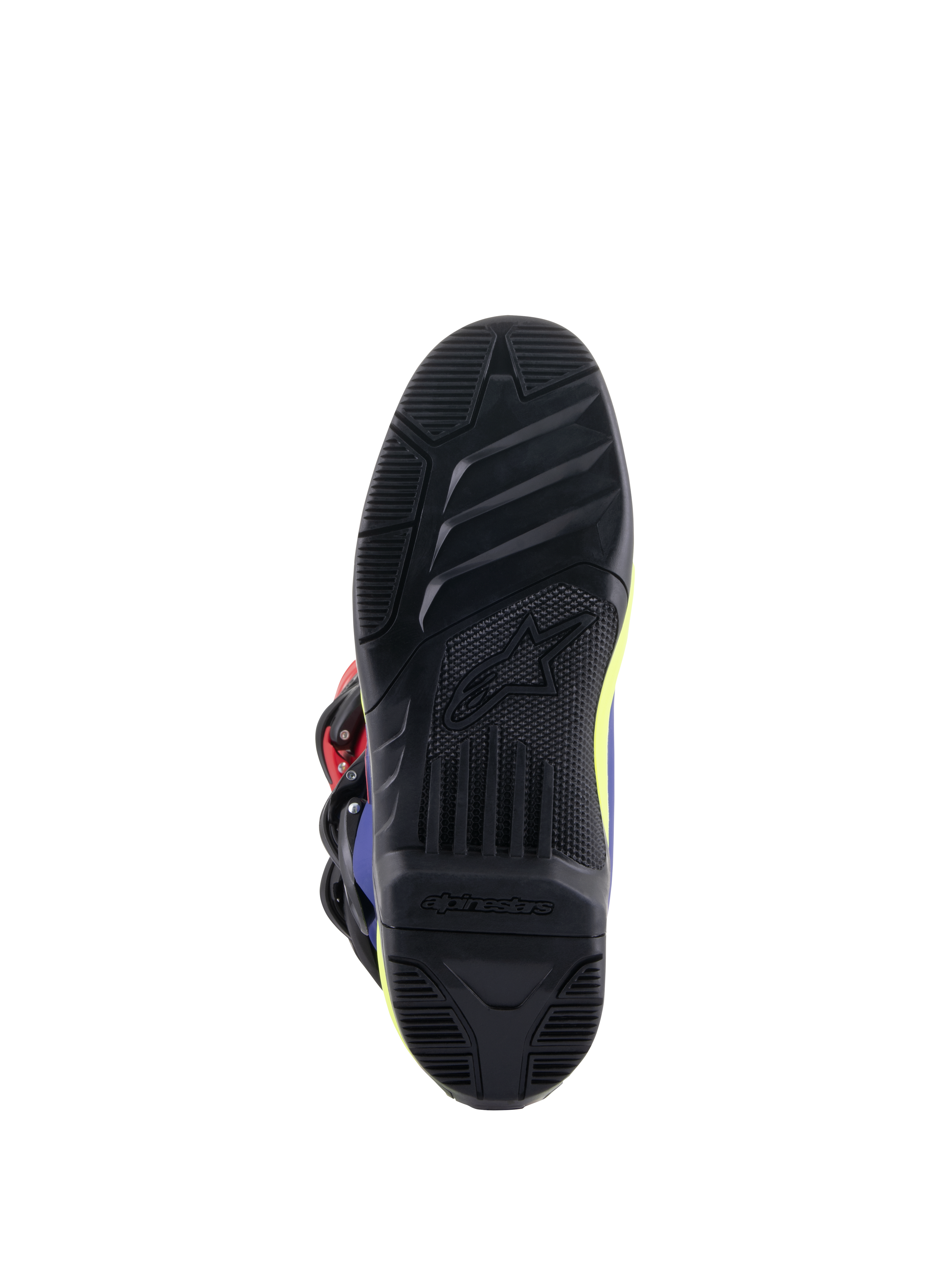Alpinestars Tech 3 Boots, Motocross Boots, Bright Red, Dark Blue, and Yellow Fluo, detailed view of the black high-grip rubber outsole featuring textured tread patterns and embossed Alpinestars logo for enhanced footpeg control.