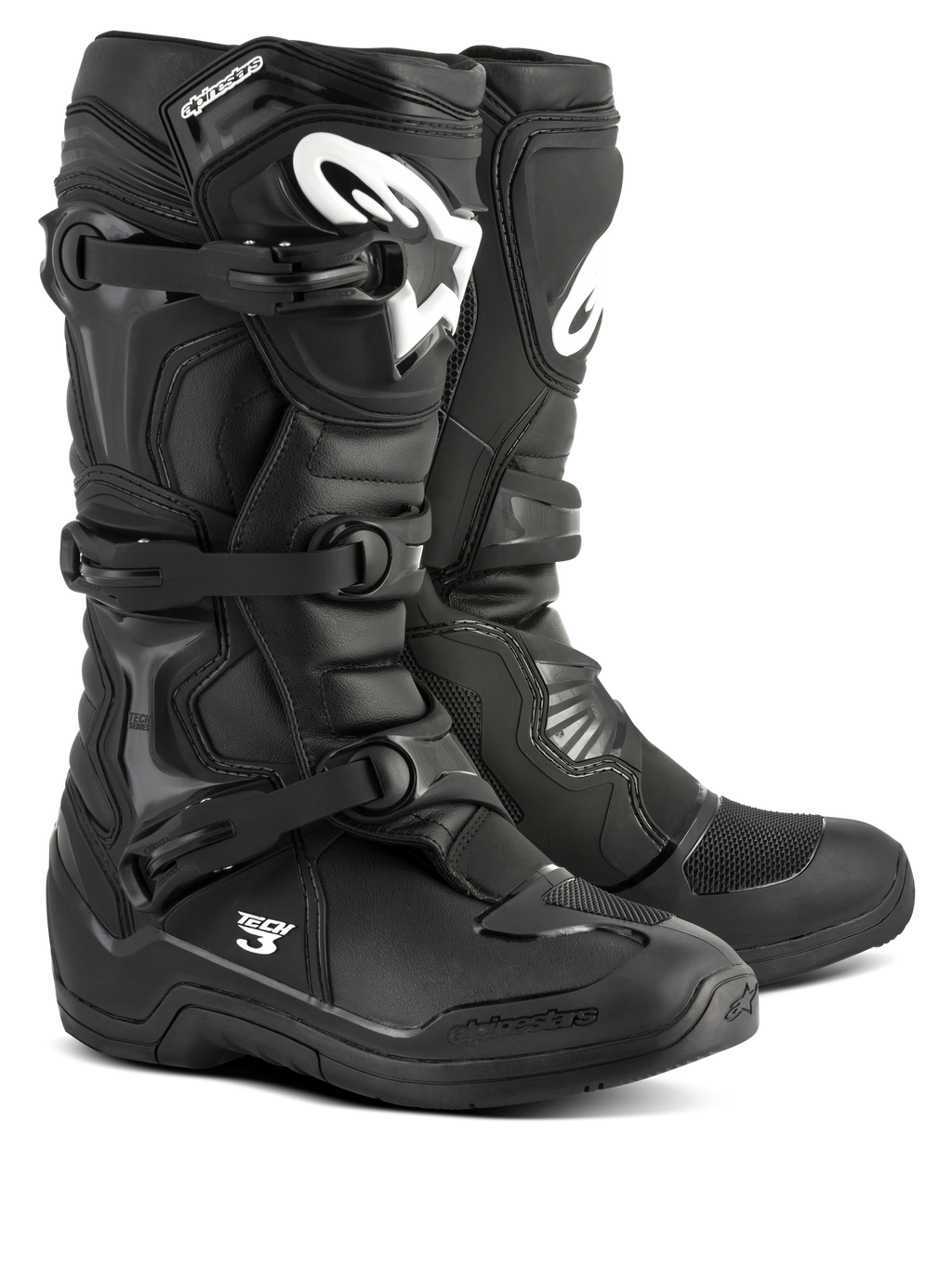 Alpinestars Tech 3 laarzen, zwarte motorcrosslaarzen, off-road performance schoeisel, drievoudig gespsluitingssysteem, TPU-versterkte scheenplaat met wit logo, duurzame zool met veel grip, lichtgewicht microvezelconstructie