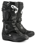 Alpinestars Tech 3 laarzen, zwarte motorcrosslaarzen, off-road performance schoeisel, drievoudig gespsluitingssysteem, TPU-versterkte scheenplaat met wit logo, duurzame zool met veel grip, lichtgewicht microvezelconstructie