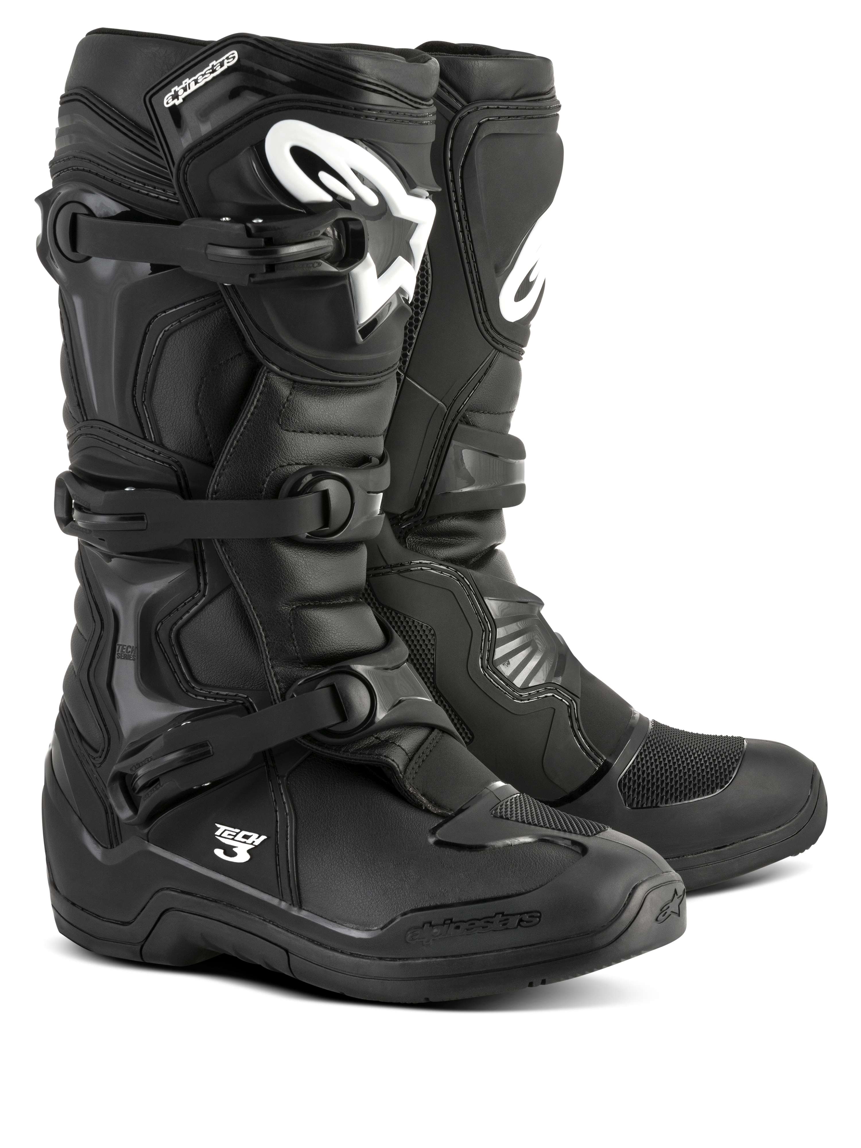 Alpinestars Tech 3 laarzen, zwarte motorcrosslaarzen, off-road performance schoeisel, drievoudig gespsluitingssysteem, TPU-versterkte scheenplaat met wit logo, duurzame zool met veel grip, lichtgewicht microvezelconstructie