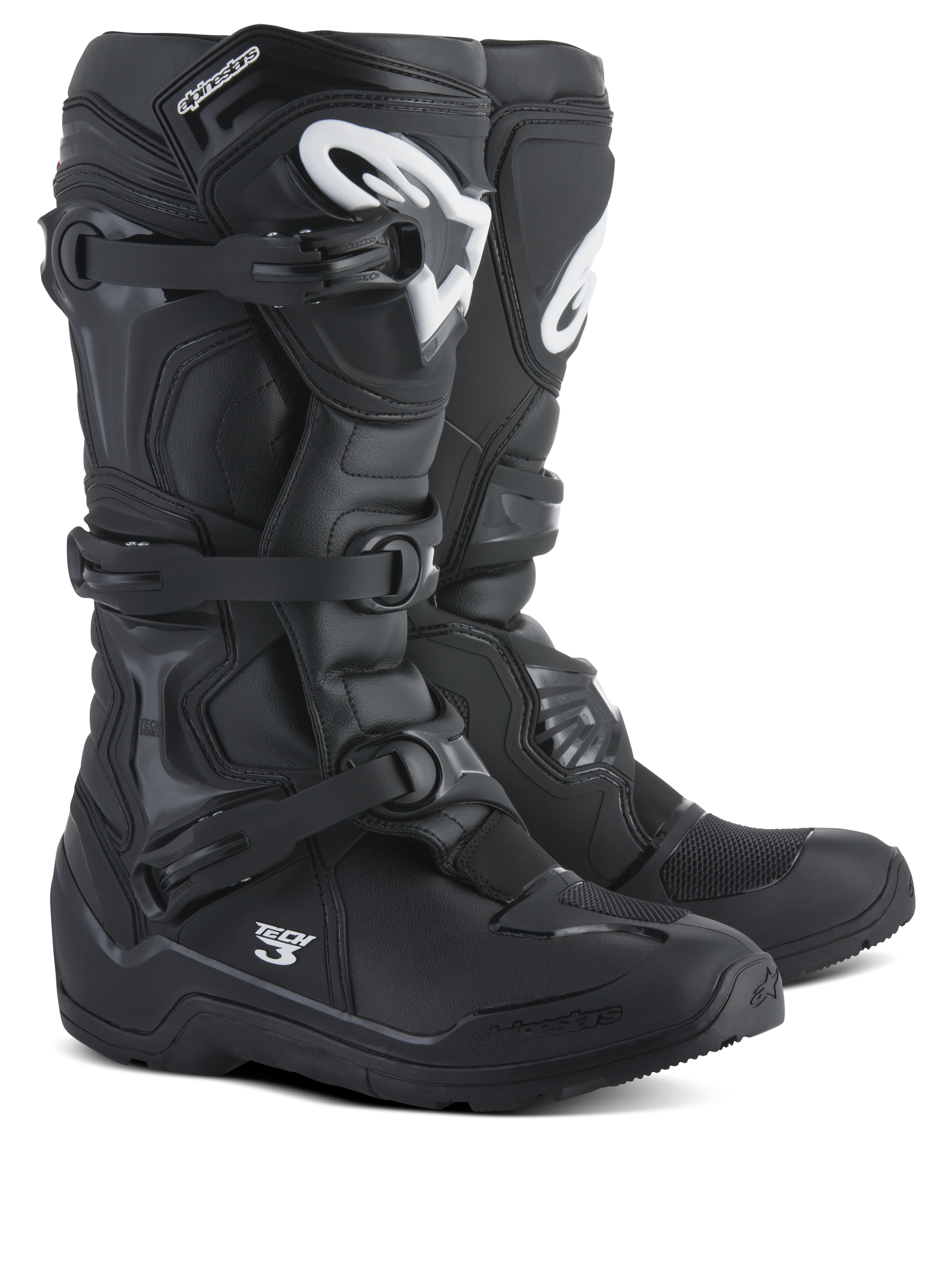 Alpinestars Tech 3 Enduro laarzen, motorcross- en off-roadlaarzen, zwart met witte logo's, drievoudig polymeer gespsysteem, duurzame TPU-bescherming, robuust all-terrain zoolontwerp