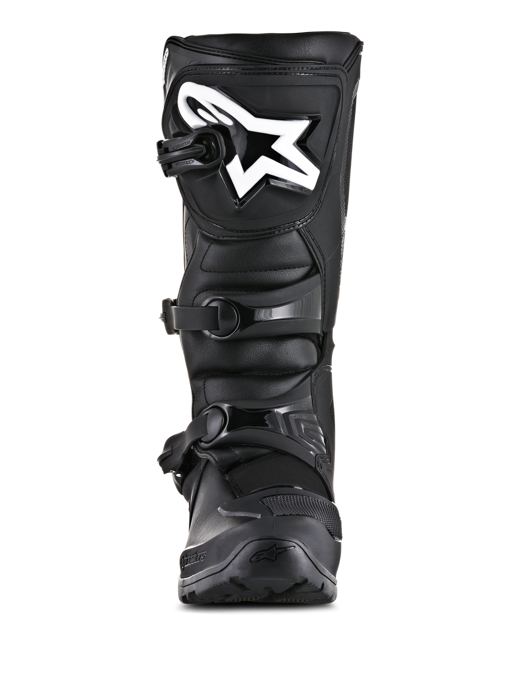 Alpinestars Tech 3 Enduro laarzen, off-road motorlaarzen, zwart, vooraanzicht met wit Alpinestars-logo op de scheenplaat, sluitingssysteem met drie gespen, robuuste constructie van microvezel en TPU