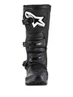 Alpinestars Tech 3 Enduro laarzen, off-road motorlaarzen, zwart, vooraanzicht met wit Alpinestars-logo op de scheenplaat, sluitingssysteem met drie gespen, robuuste constructie van microvezel en TPU