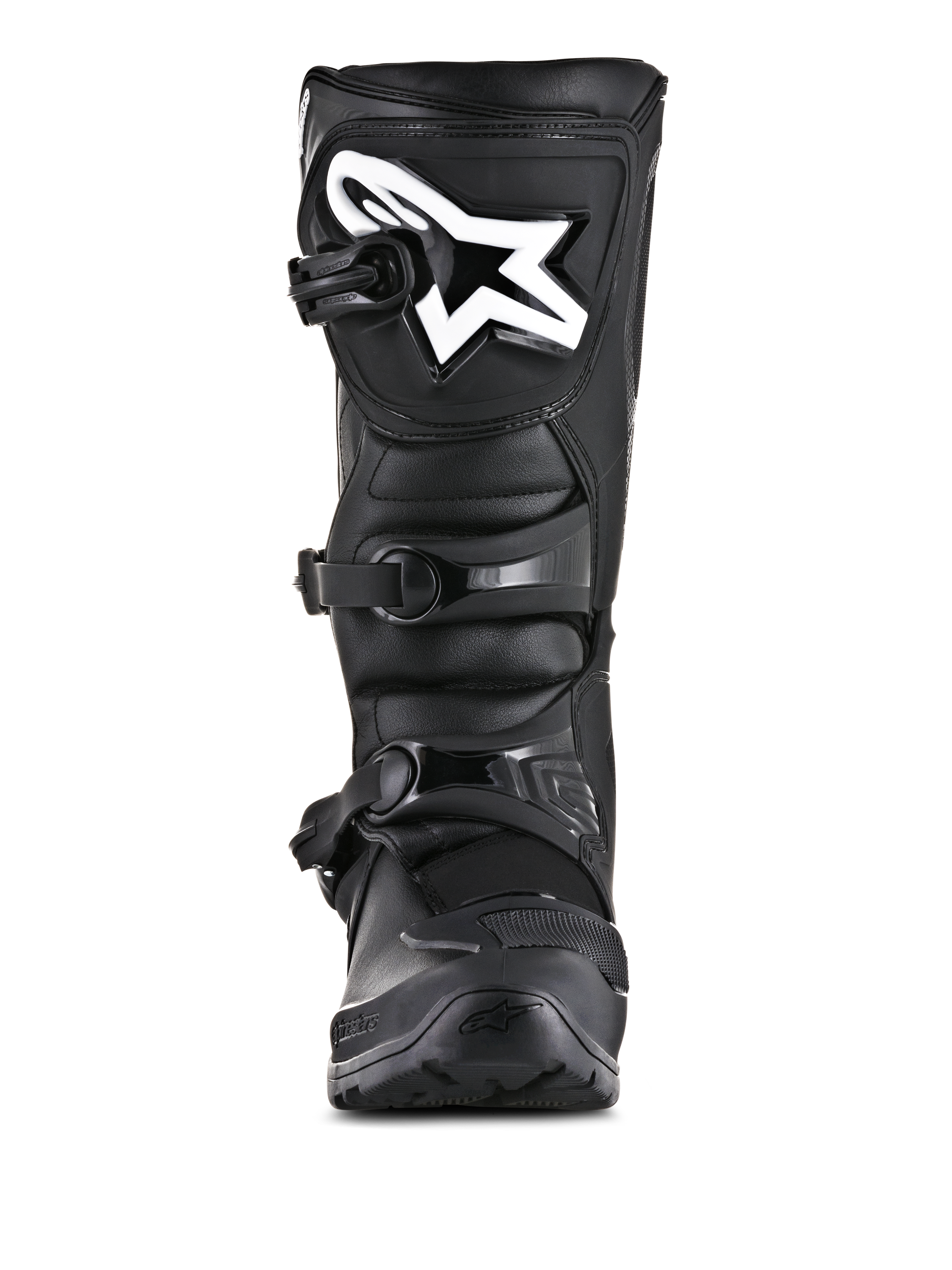 Alpinestars Tech 3 Enduro laarzen, off-road motorlaarzen, zwart, vooraanzicht met wit Alpinestars-logo op de scheenplaat, sluitingssysteem met drie gespen, robuuste constructie van microvezel en TPU