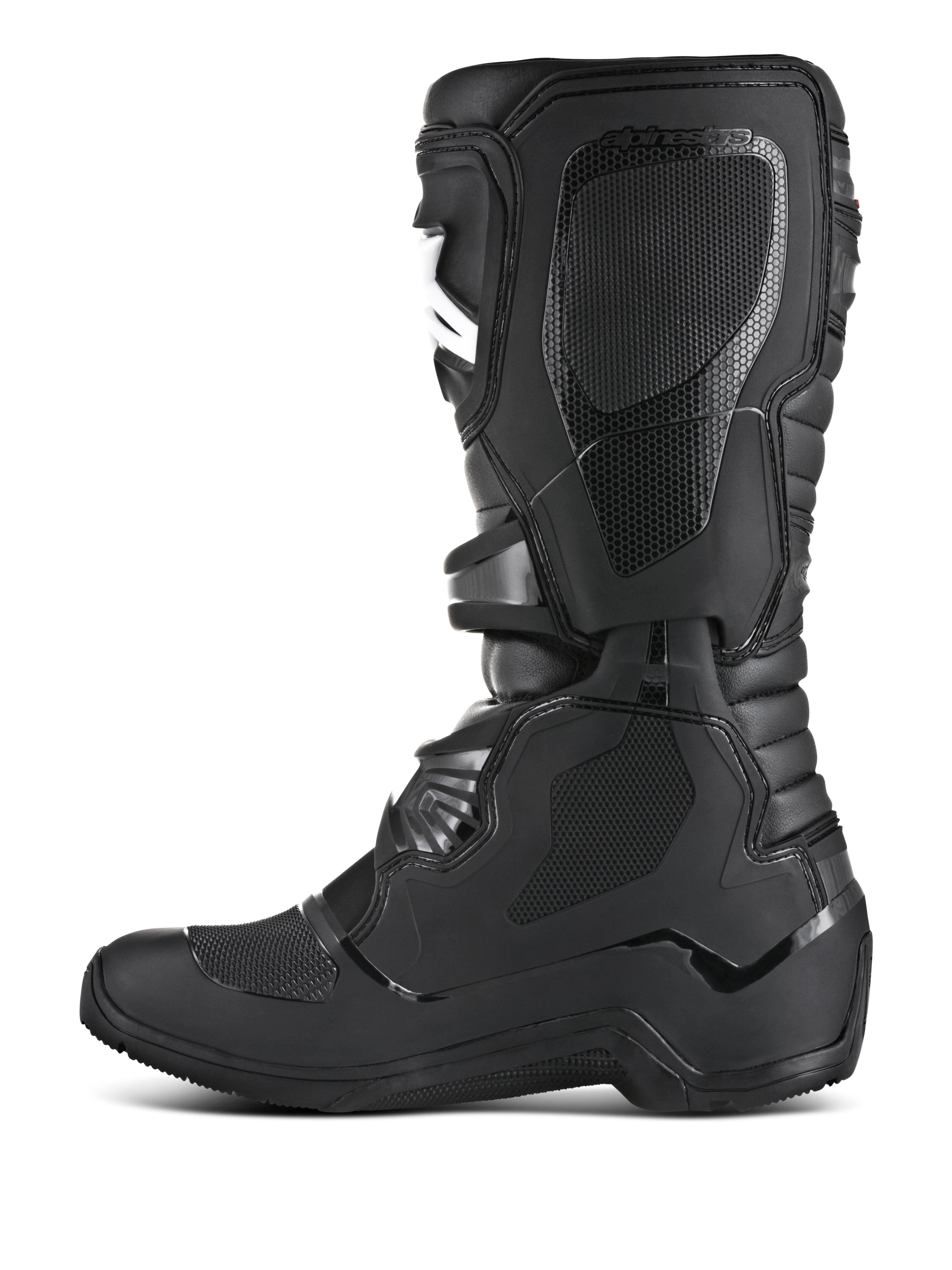 Alpinestars Tech 3 Enduro laarzen, off-road motorlaarzen, zwart, mediaal zijprofiel met getextureerde TPU-greeppanelen, beschermende scheenplaat en duurzame constructie voor enduro en motorcross.