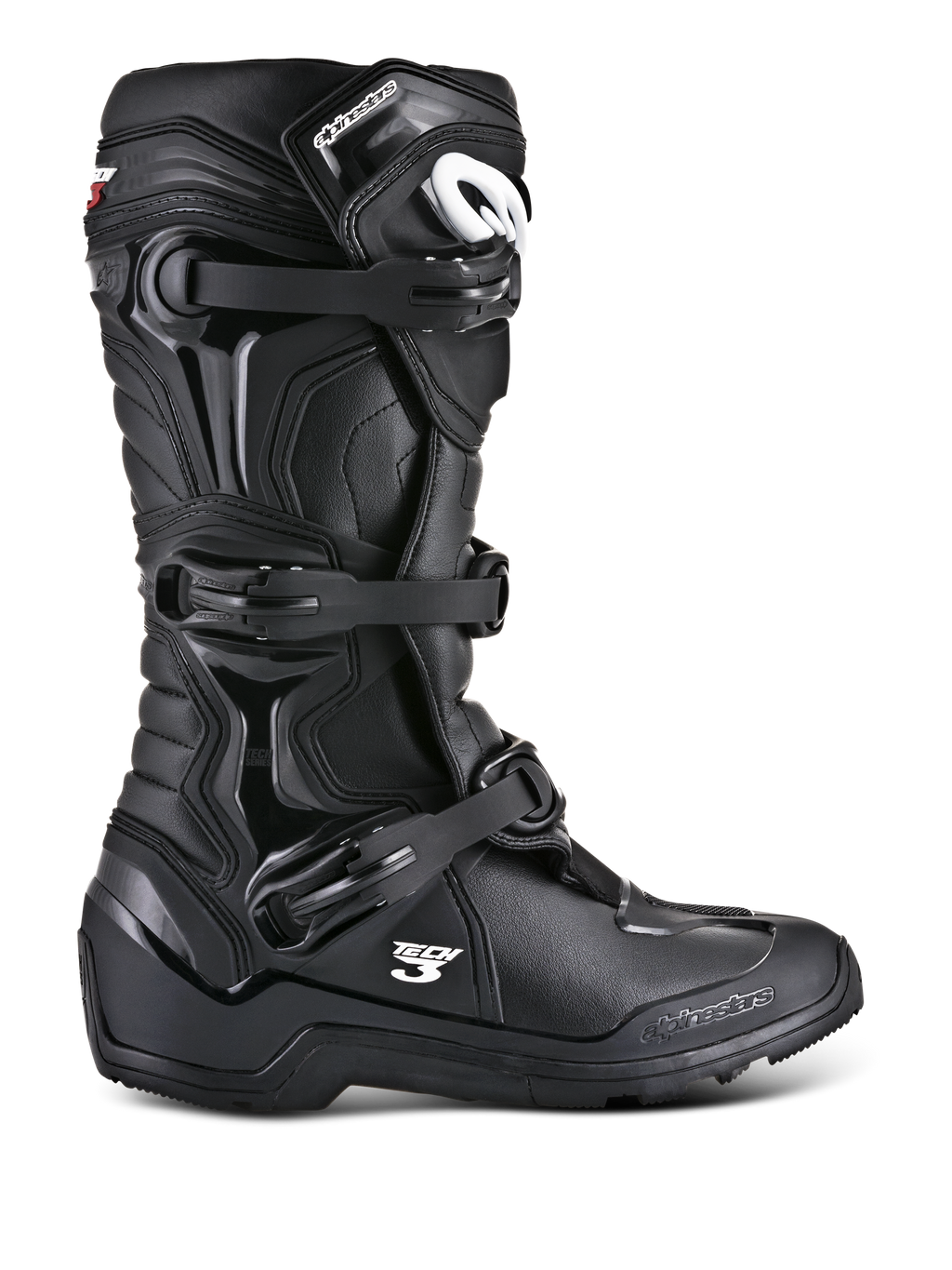 Alpinestars Tech 3 Enduro motorlaarzen, zwarte off-road motorlaarzen, zijaanzicht met drievoudig gespsluitingssysteem, versterkte TPU-beschermpanelen, grove profielzool met veel grip en witte Alpinestars-branding