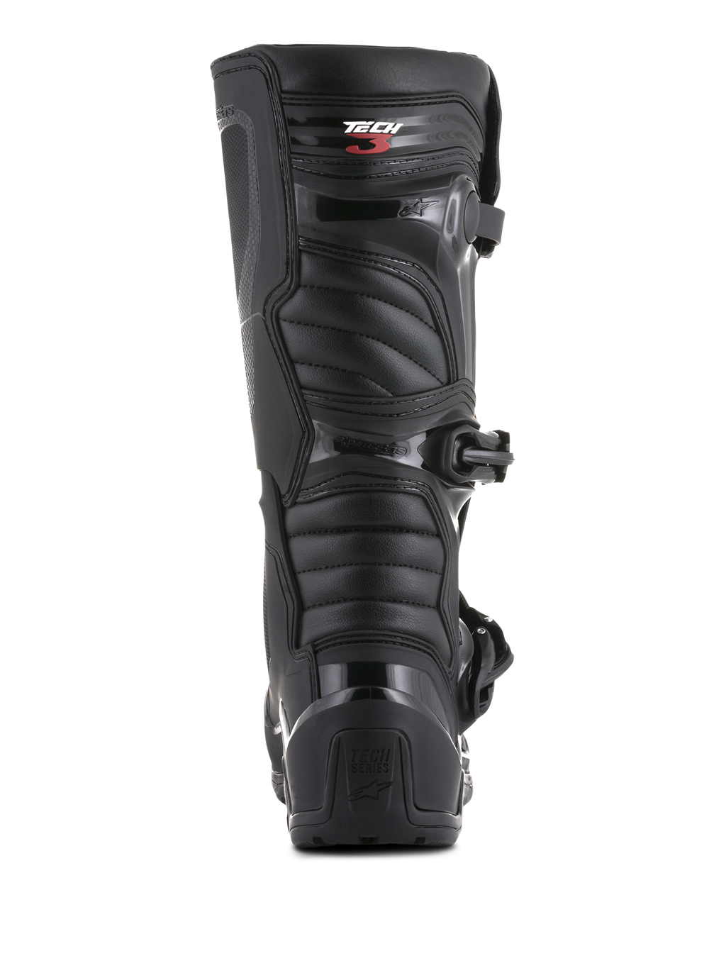 Alpinestars Tech 3 Enduro laarzen, achteraanzicht, zwart, voorzien van TPU hielteller met Tech Series-branding en geribbelde flexibele panelen, duurzaam beschermend schoeisel voor motorcross en off-road rijden