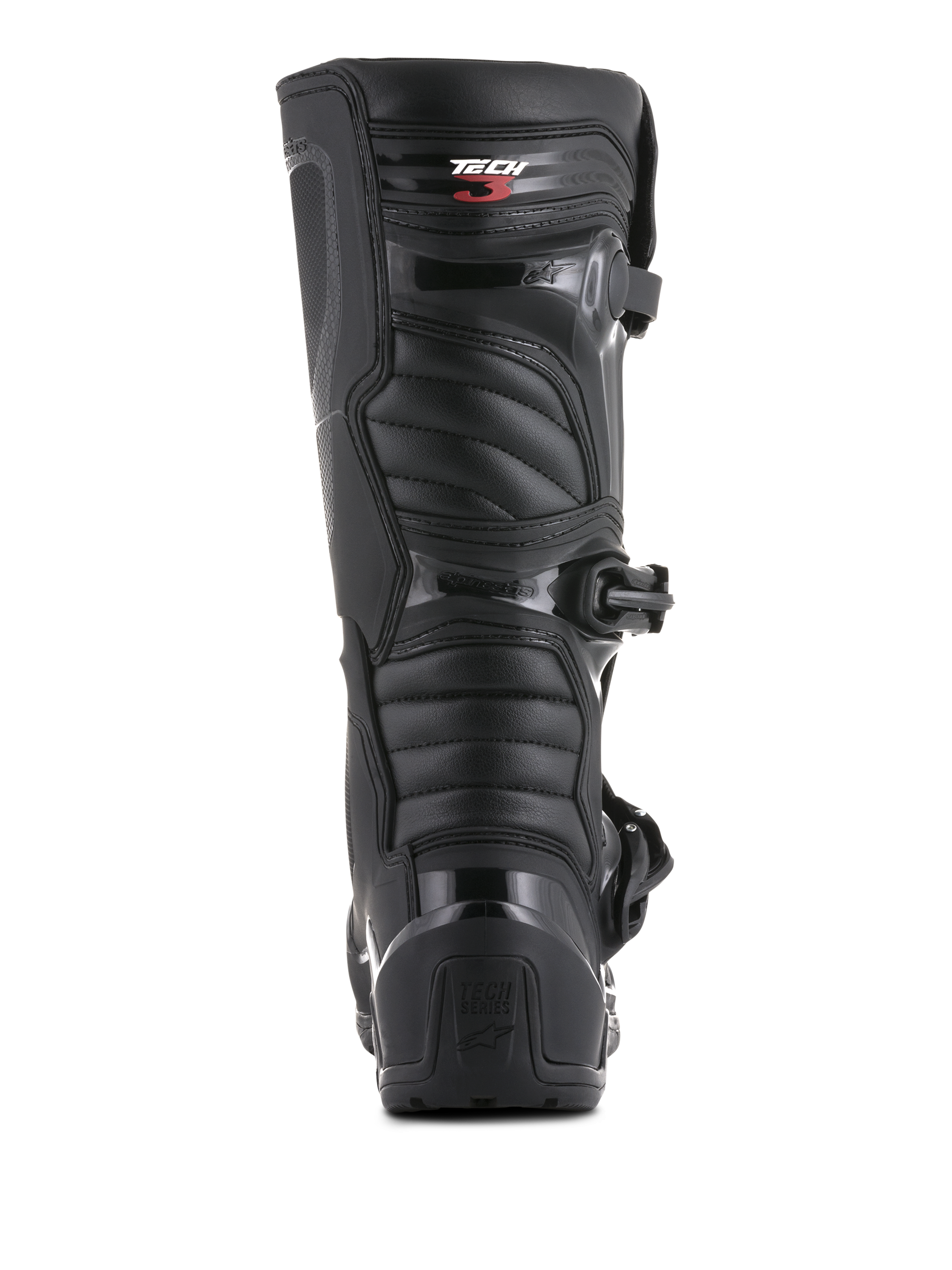 Alpinestars Tech 3 Enduro laarzen, achteraanzicht, zwart, voorzien van TPU hielteller met Tech Series-branding en geribbelde flexibele panelen, duurzaam beschermend schoeisel voor motorcross en off-road rijden