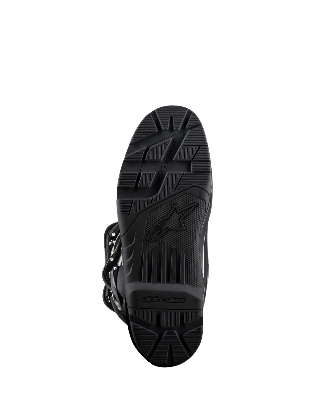 Alpinestars Tech 3 Enduro laarzen, zwart, onderaanzicht van de zool, rubbercompound met hoge grip en geprofileerd loopvlakpatroon voor off-road duurzaamheid, voorzien van Alpinestars-branding