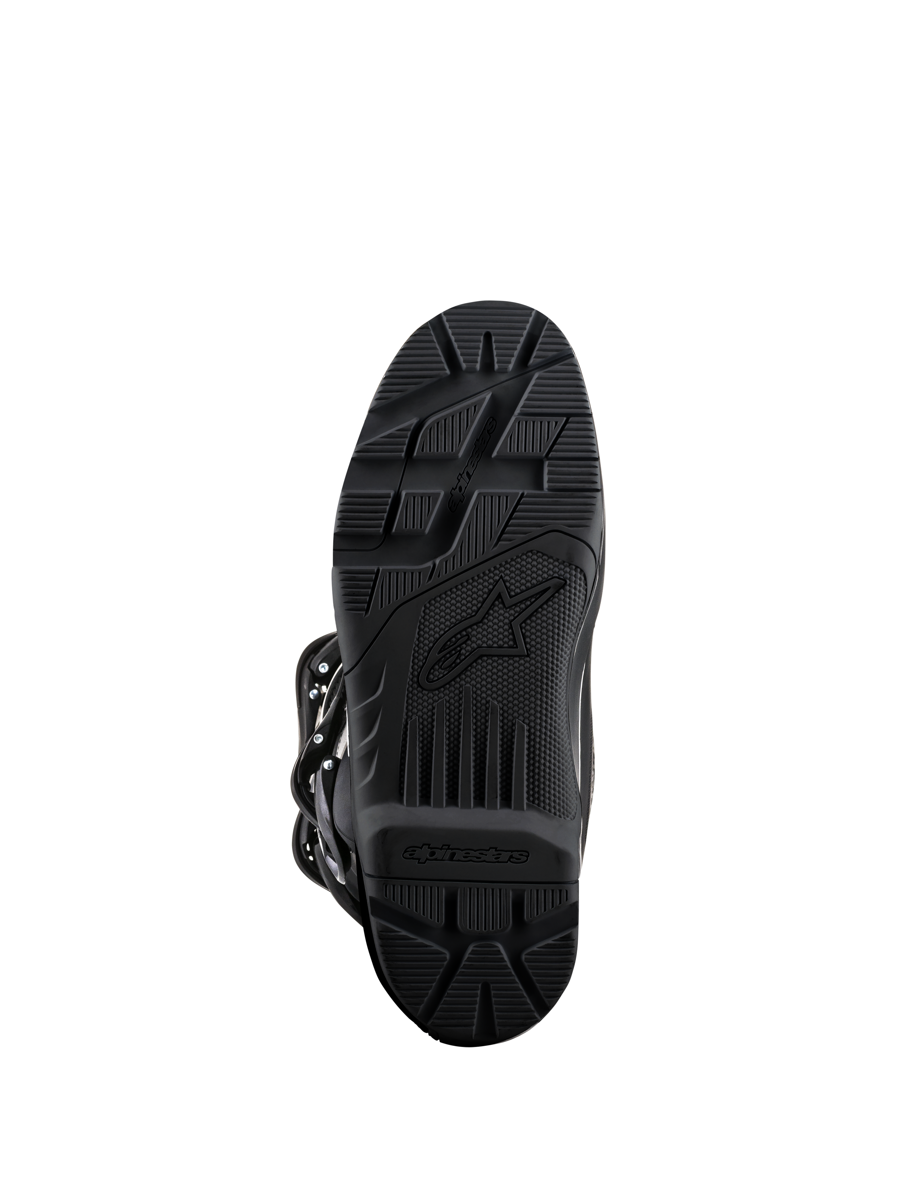 Alpinestars Tech 3 Enduro laarzen, zwart, onderaanzicht van de zool, rubbercompound met hoge grip en geprofileerd loopvlakpatroon voor off-road duurzaamheid, voorzien van Alpinestars-branding