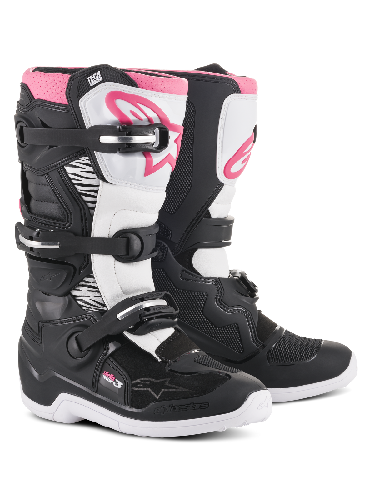 Alpinestars Stella Tech 3 laarzen, motorcrosslaarzen voor dames, zwart, wit en roze, met een witte scheenplaat met roze Alpinestars-logo, zwart chassis met witte flexzones en een sluitingssysteem met drie gespen.