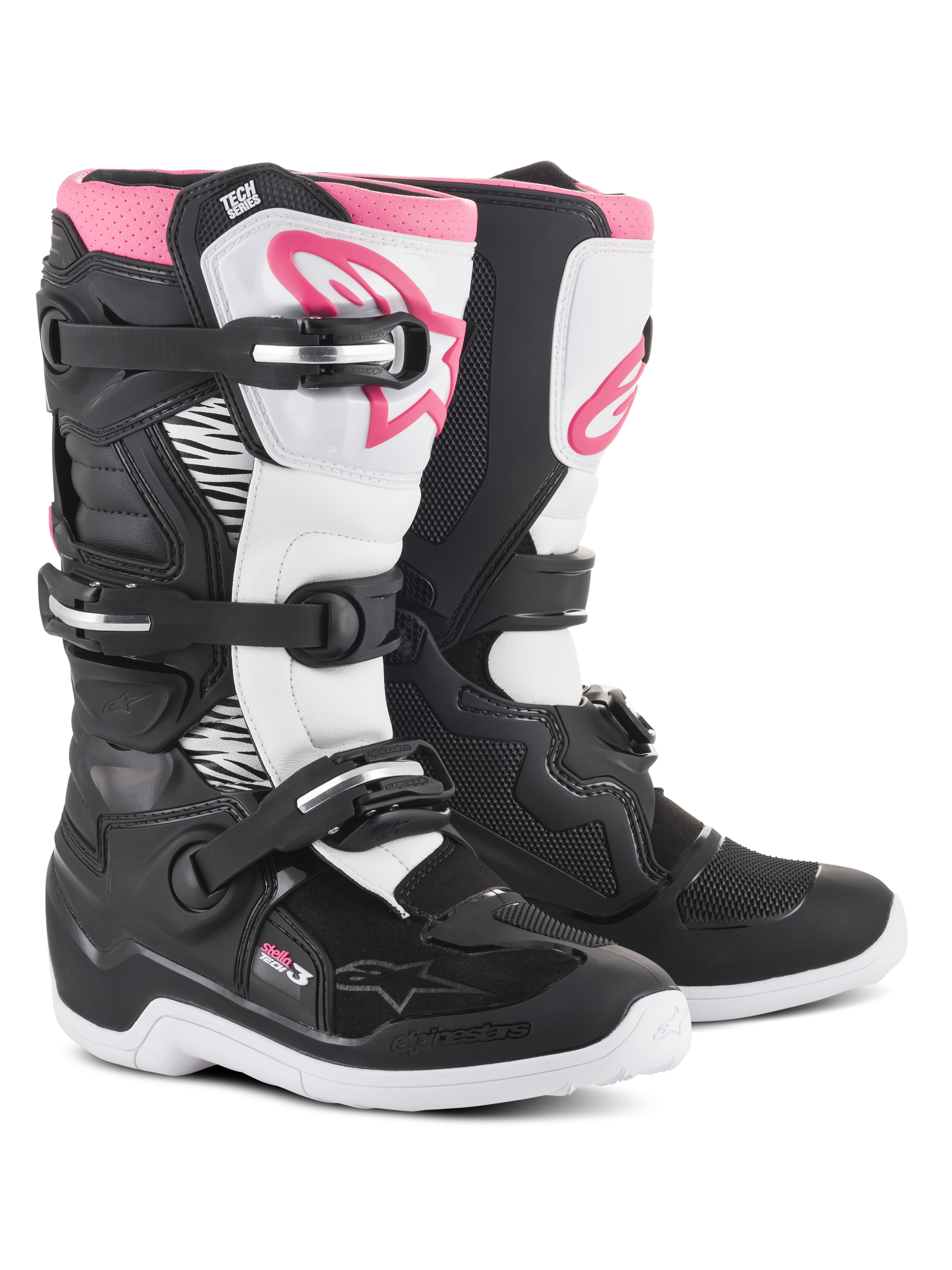 Alpinestars Stella Tech 3 laarzen, motorcrosslaarzen voor dames, zwart, wit en roze, met een witte scheenplaat met roze Alpinestars-logo, zwart chassis met witte flexzones en een sluitingssysteem met drie gespen.