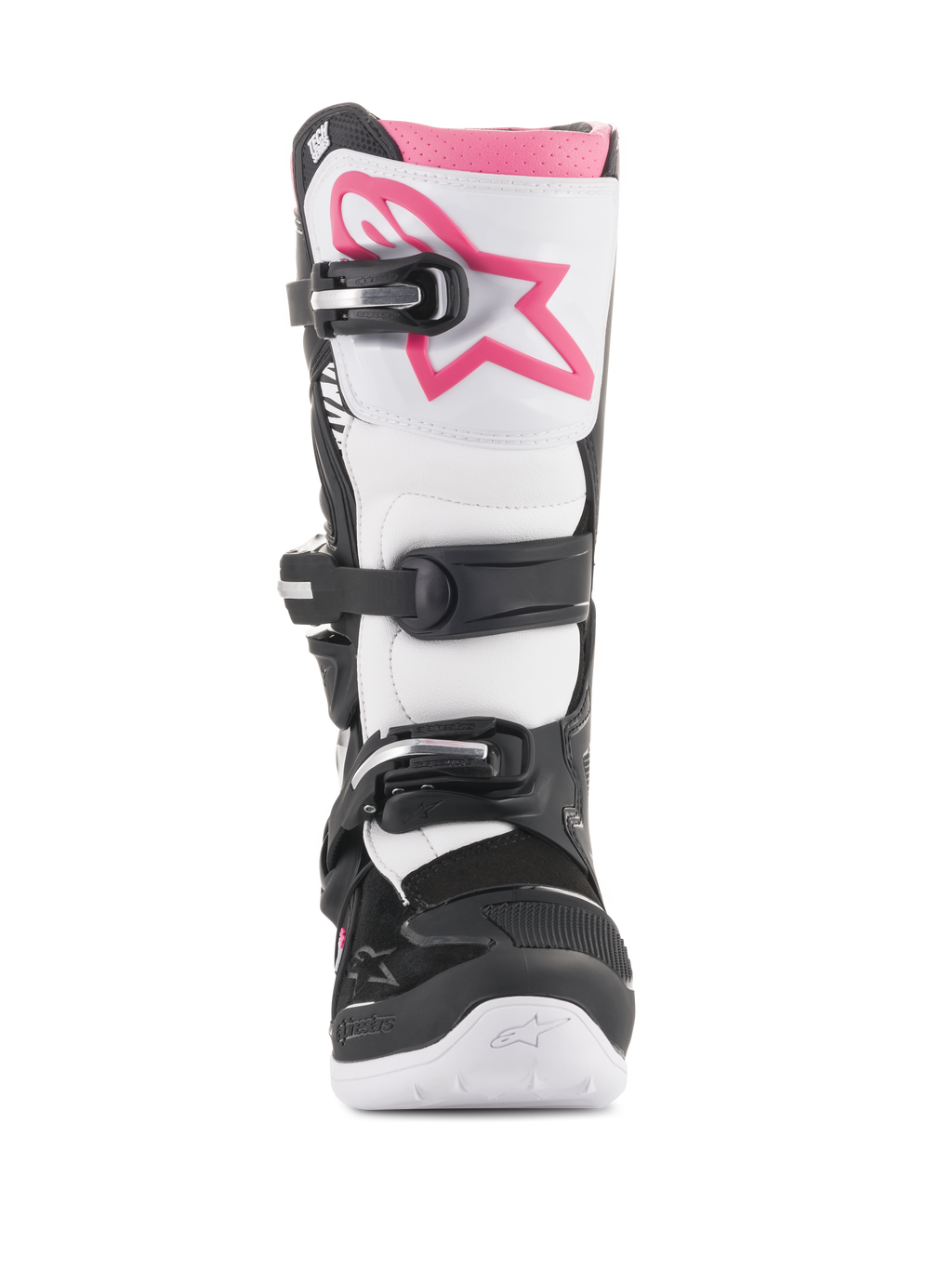 Alpinestars Stella Tech 3 dameslaarzen, motorcrosslaarzen, zwart, wit en roze, vooraanzicht met een witte scheenplaat met een roze Astars-logo, zwart gespsluitsysteem en roze bovenrand, duurzaam beschermend schoeisel voor off-road rijden.