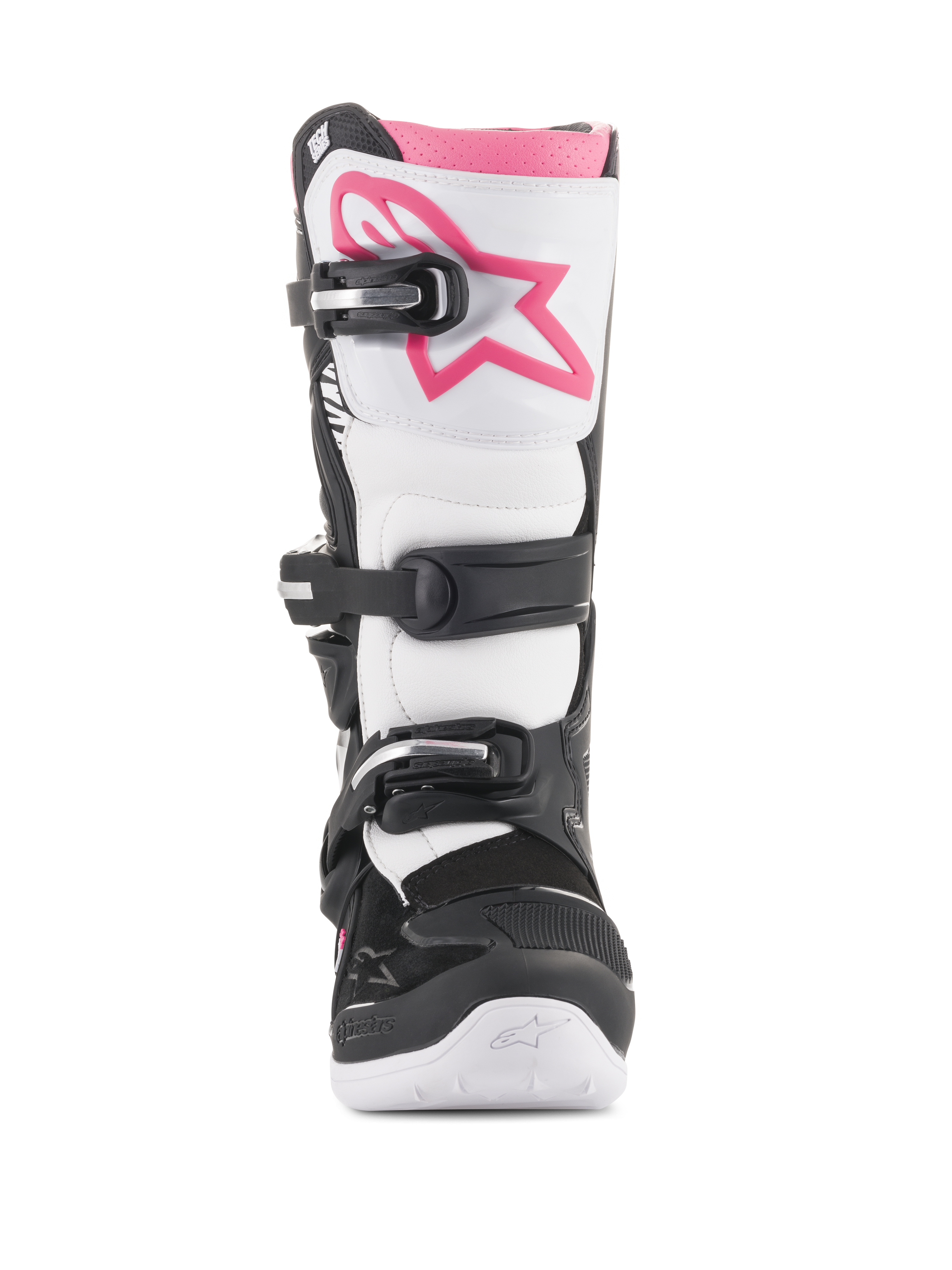 Alpinestars Stella Tech 3 dameslaarzen, motorcrosslaarzen, zwart, wit en roze, vooraanzicht met een witte scheenplaat met een roze Astars-logo, zwart gespsluitsysteem en roze bovenrand, duurzaam beschermend schoeisel voor off-road rijden.