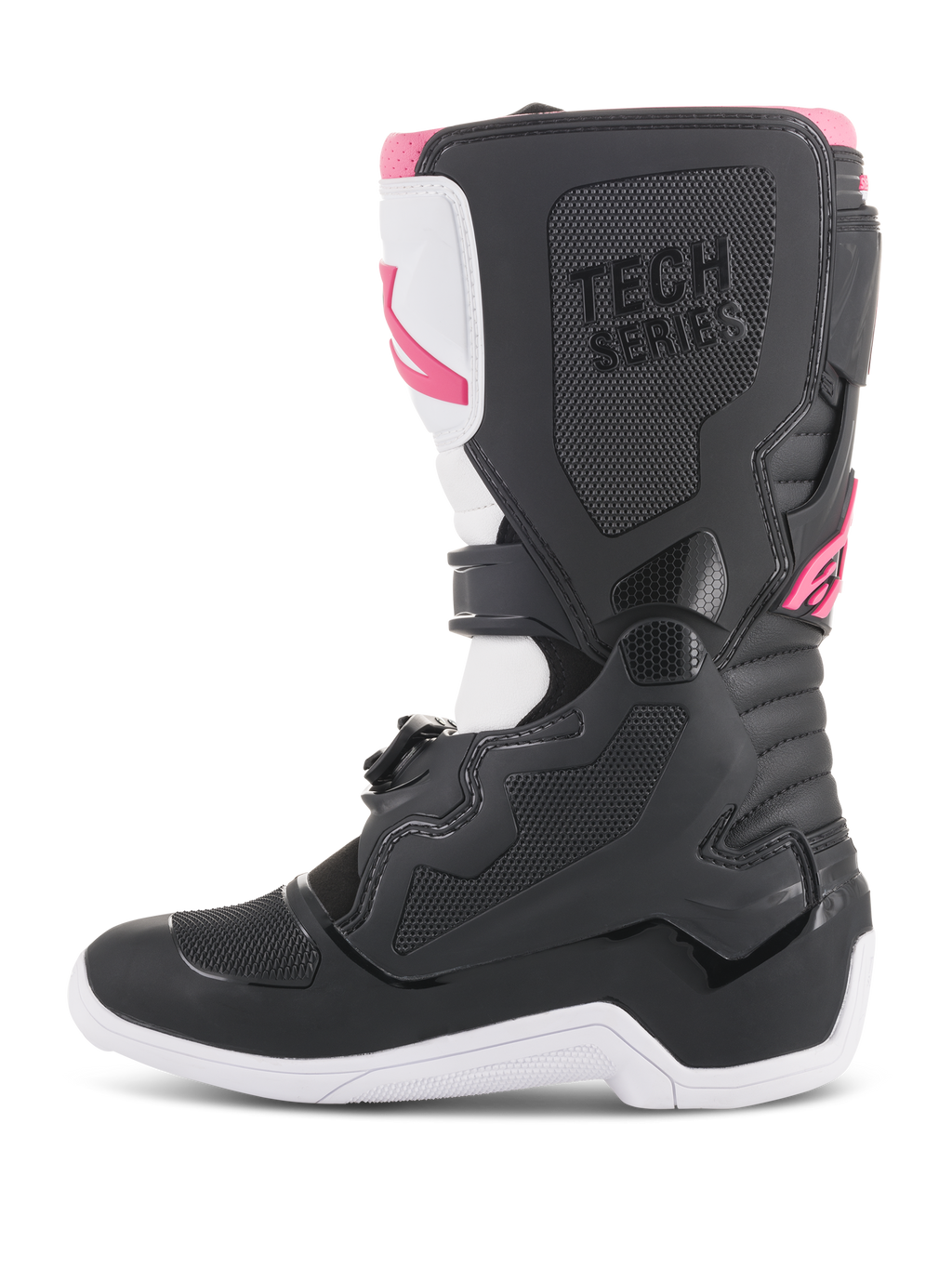 Alpinestars Stella Tech 3 dameslaarzen, motorcrosslaarzen, zwart, wit en roze, zijaanzicht met beschermende TPU-scheenplaat, grippanelen met textuur en 'TECH SERIES'-branding voor off-road racen