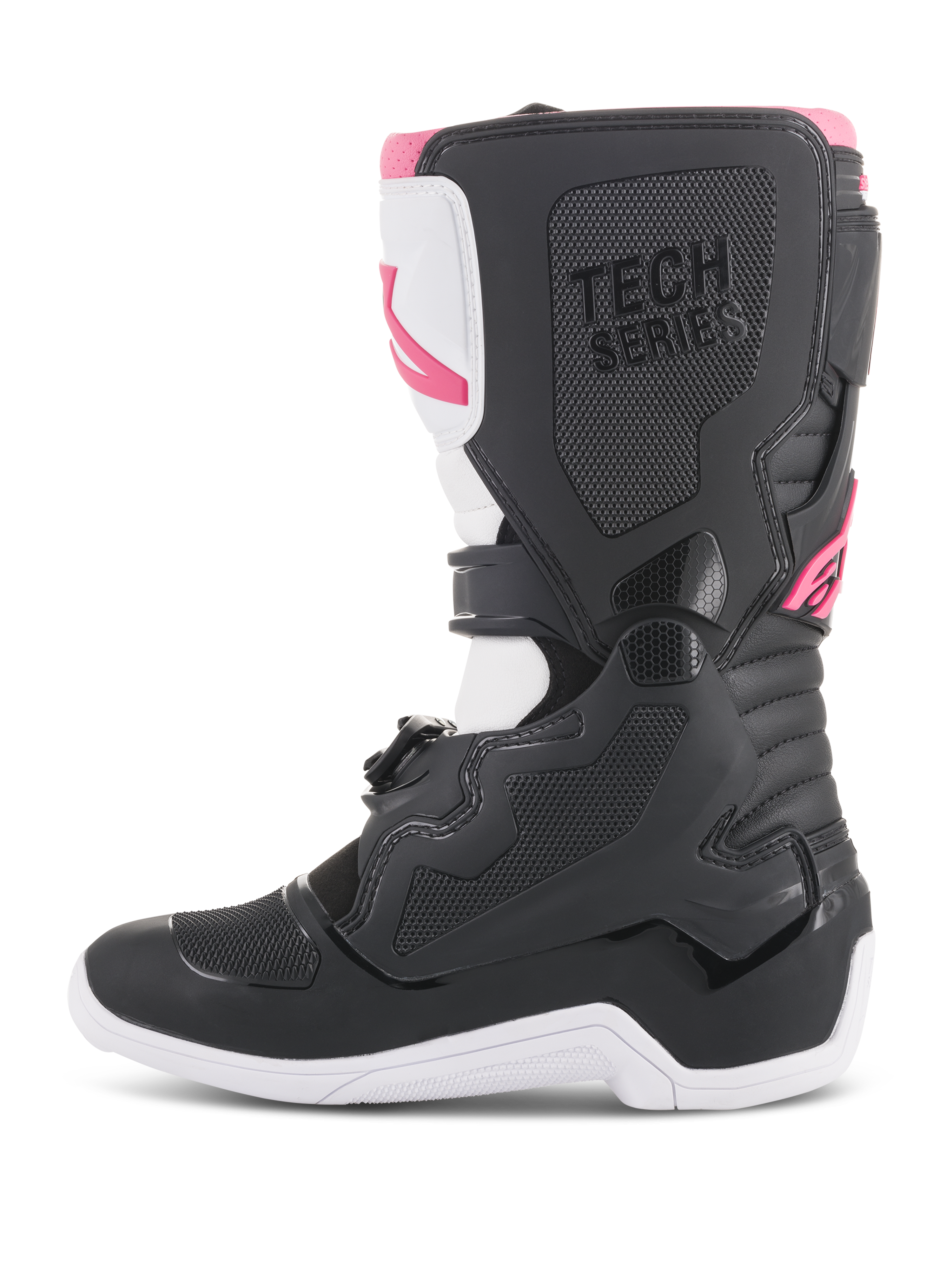 Alpinestars Stella Tech 3 dameslaarzen, motorcrosslaarzen, zwart, wit en roze, zijaanzicht met beschermende TPU-scheenplaat, grippanelen met textuur en 'TECH SERIES'-branding voor off-road racen