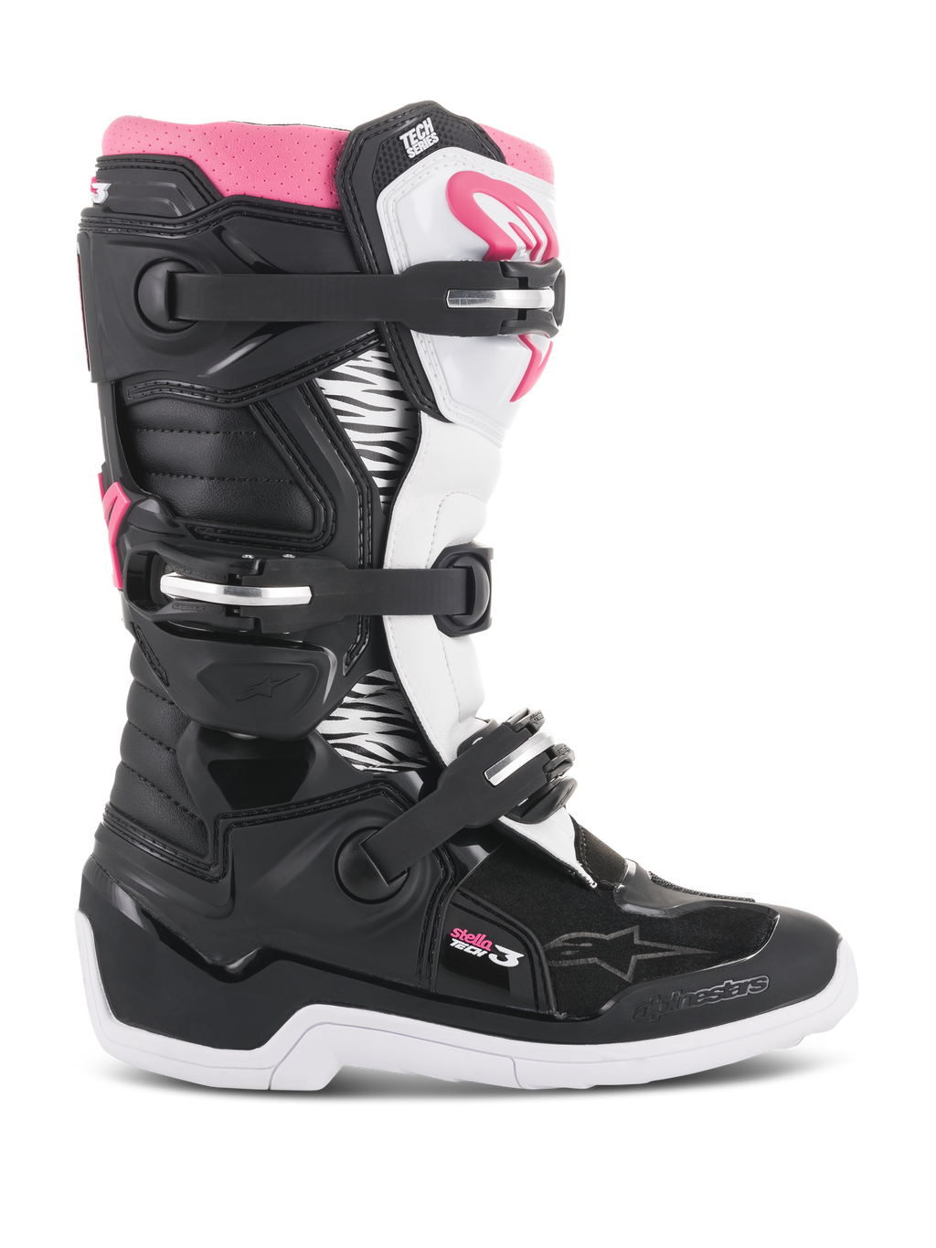 Alpinestars Stella Tech 3 dames motorlaarzen, motorcrosslaarzen, zwart, wit en roze, zijaanzicht met het sluitingssysteem met drie gespen, grafische panelen met zebraprint, TPU-scheenbescherming en witte rubberen buitenzool voor off-road rijden