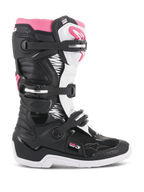 Alpinestars Stella Tech 3 dames motorlaarzen, motorcrosslaarzen, zwart, wit en roze, zijaanzicht met het sluitingssysteem met drie gespen, grafische panelen met zebraprint, TPU-scheenbescherming en witte rubberen buitenzool voor off-road rijden