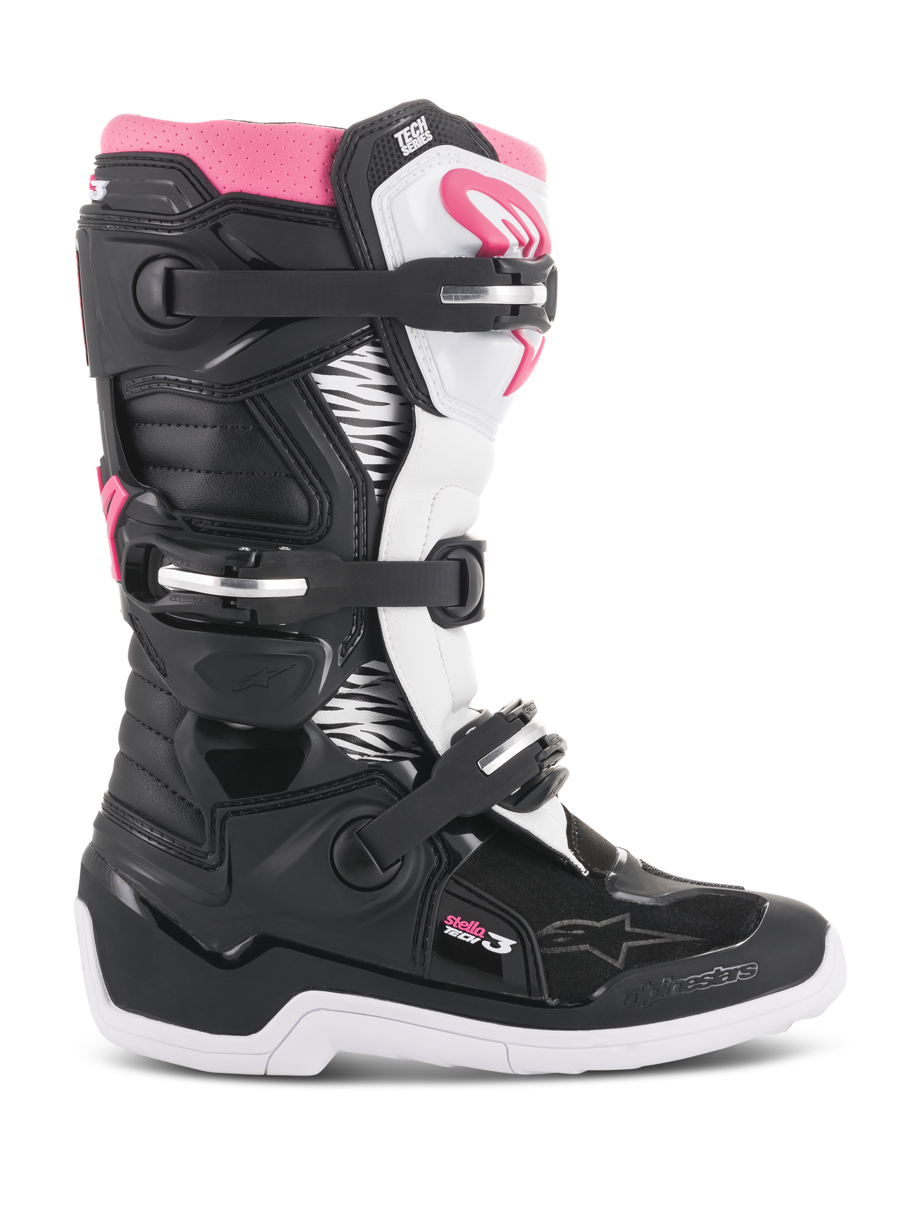 Alpinestars Stella Tech 3 dames motorlaarzen, motorcrosslaarzen, zwart, wit en roze, zijaanzicht met het sluitingssysteem met drie gespen, grafische panelen met zebraprint, TPU-scheenbescherming en witte rubberen buitenzool voor off-road rijden