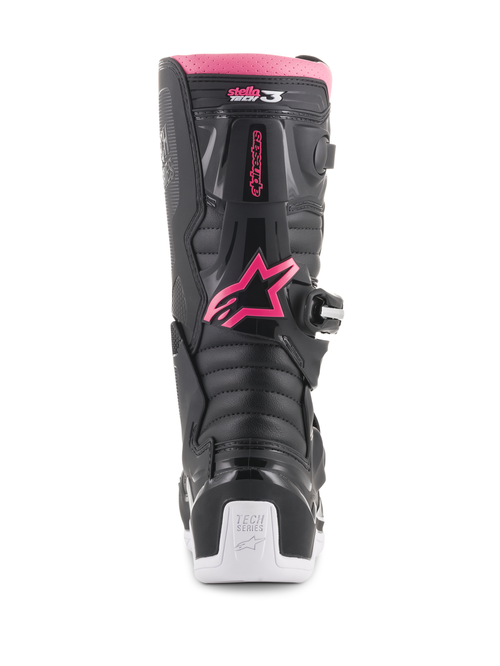 Alpinestars Stella Tech 3 dameslaarzen, motorcrosslaarzen, zwart, wit en roze, achteraanzicht met roze Alpinestars sterlogo, roze bovenrand, zwarte getextureerde panelen en witte hiel met Tech Series-branding