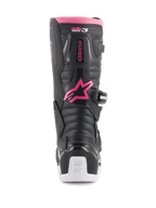 Alpinestars Stella Tech 3 dameslaarzen, motorcrosslaarzen, zwart, wit en roze, achteraanzicht met roze Alpinestars sterlogo, roze bovenrand, zwarte getextureerde panelen en witte hiel met Tech Series-branding
